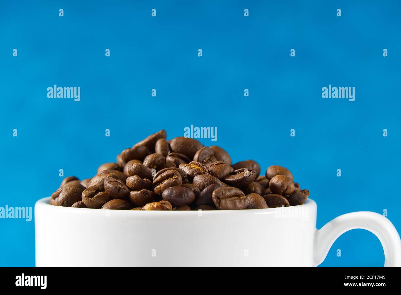 Internationaler Tag des Kaffees Konzept. Nahaufnahme weiße Kaffeetasse voller Kaffeebohnen auf blauem Hintergrund. Stockfoto