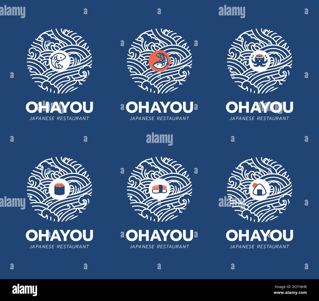 Japanische Küche und Restaurant Logo Design-Vorlage. Sushi, Lachsfisch, Tintenfisch, Takoyaki-Symbol und Symbol isoliert auf der Wasserozeanwelle. Ohayou bedeutet zu Stock Vektor