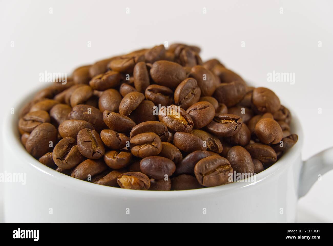 Kaffeebohnen in weißer Tasse, Nahaufnahme. Weiße Kaffeetasse mit Kaffeesamen auf weißem Hintergrund. Konzept für den Internationalen Tag des Kaffees. Stockfoto
