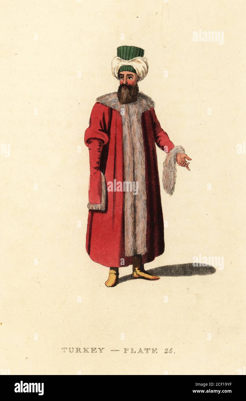 Türkischer Mann in Konstantinopel trägt Pelise oder Pelisse Mantel. Das Fell ist mit Fell von Kaninchen, Lamm, Eichhörnchen oder Fuchs getrimmt, und Hermine, martin oder Zobel für reiche Männer. Handkolorierter Kupferstich nach Octavian Dalvimart aus William Alexanders Übersetzung der malerischen Darstellungen des Kleides und der Männer der Türken, Thomas M’Lean, London, 1814. Stockfoto