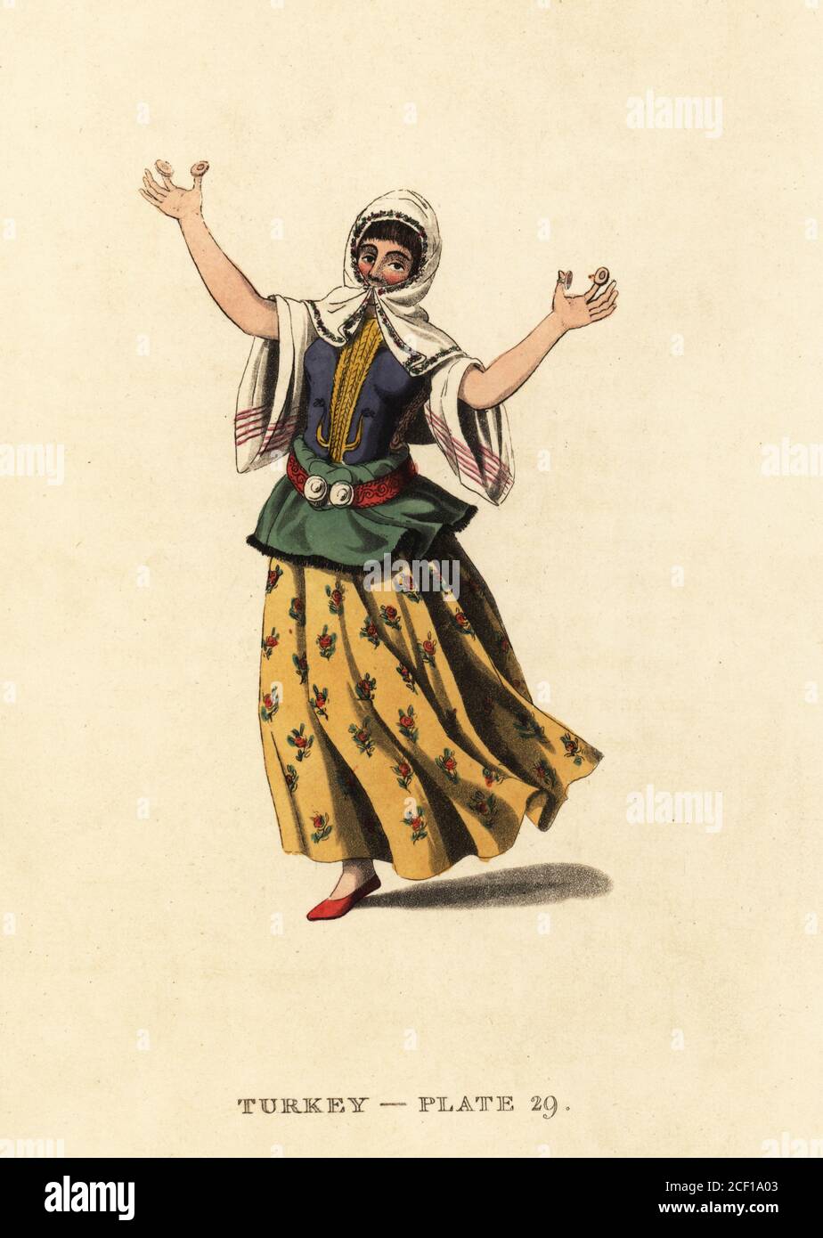 Tänzerin von Konstantinopel. Sie trägt einen Schleier, lockere Kleidung und Fingerbeckenhüllen. Die tanzenden Mädchen waren in der Regel Sklaven oder die Frauen der mahometanischen Musiker. Handkolorierter Kupferstich nach Octavian Dalvimart aus William Alexanders Übersetzung der malerischen Darstellungen des Kleides und der Männer der Türken, Thomas M’Lean, London, 1814. Stockfoto