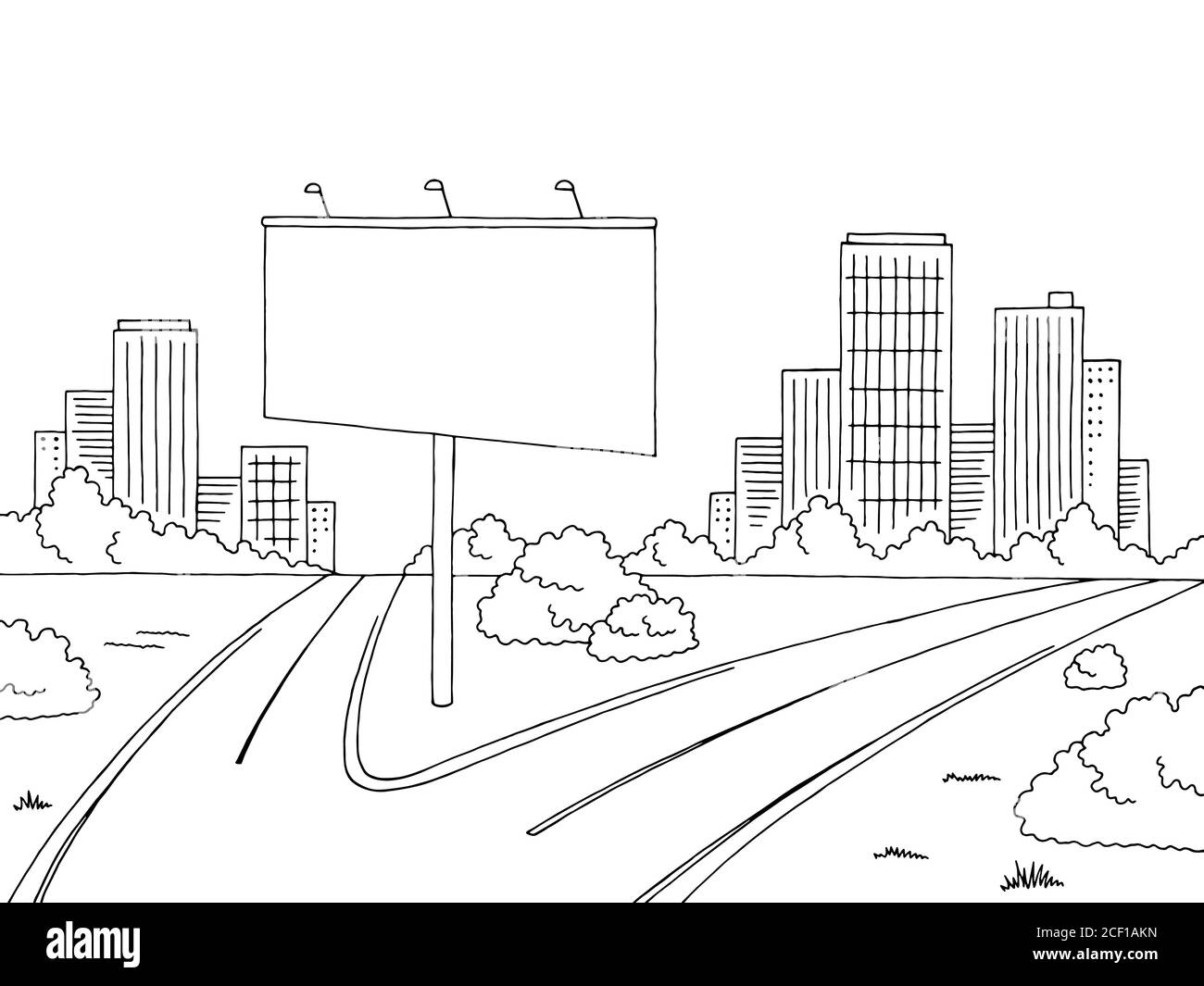 Straße Stadt Grafik schwarz weiß Landschaft Plakatwand Skizze Illustration Vektor Stock Vektor