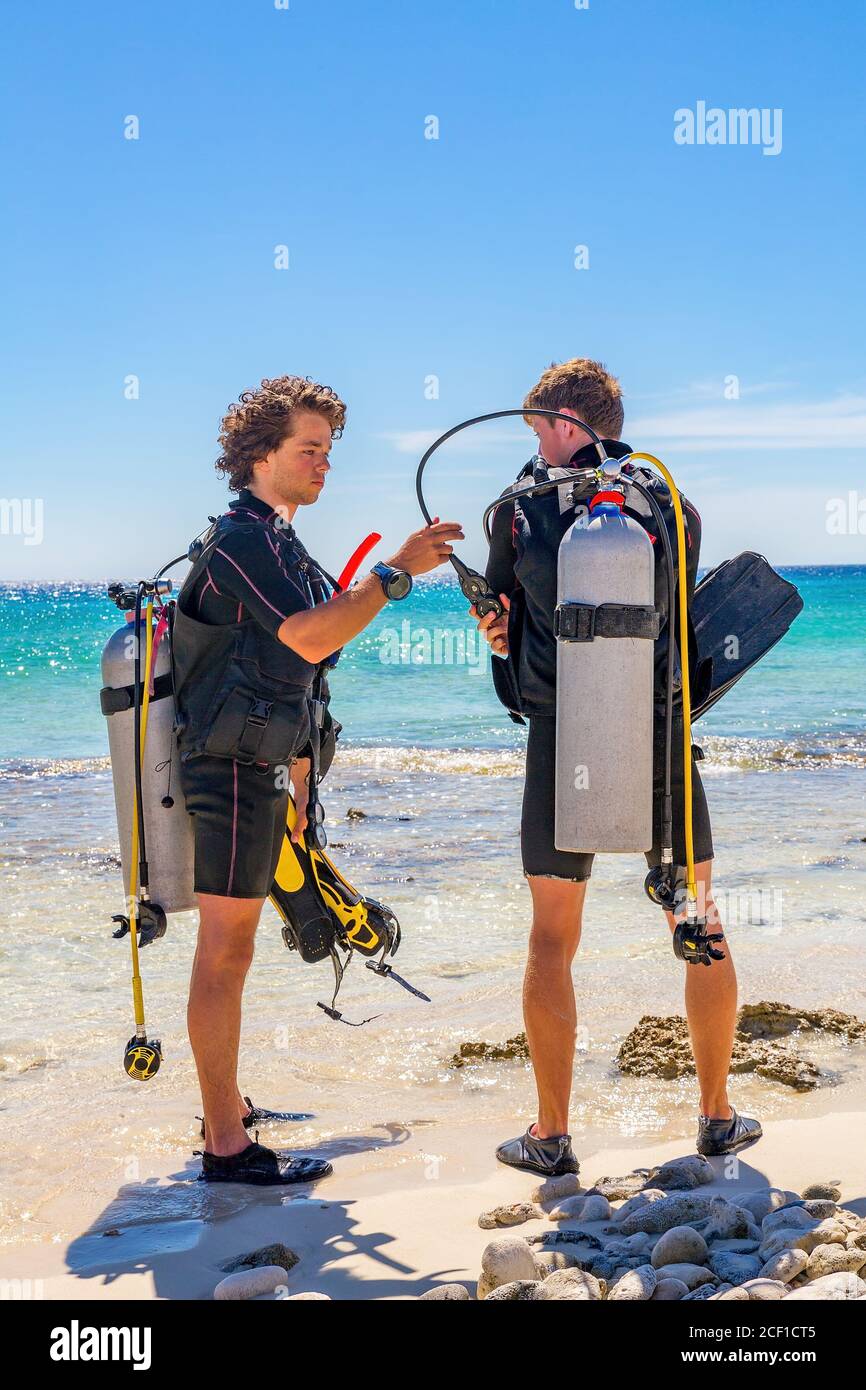 Zwei junge kaukasische Taucher überprüfen Tauchausrüstung an der Küste von Insel Bonaire Stockfoto