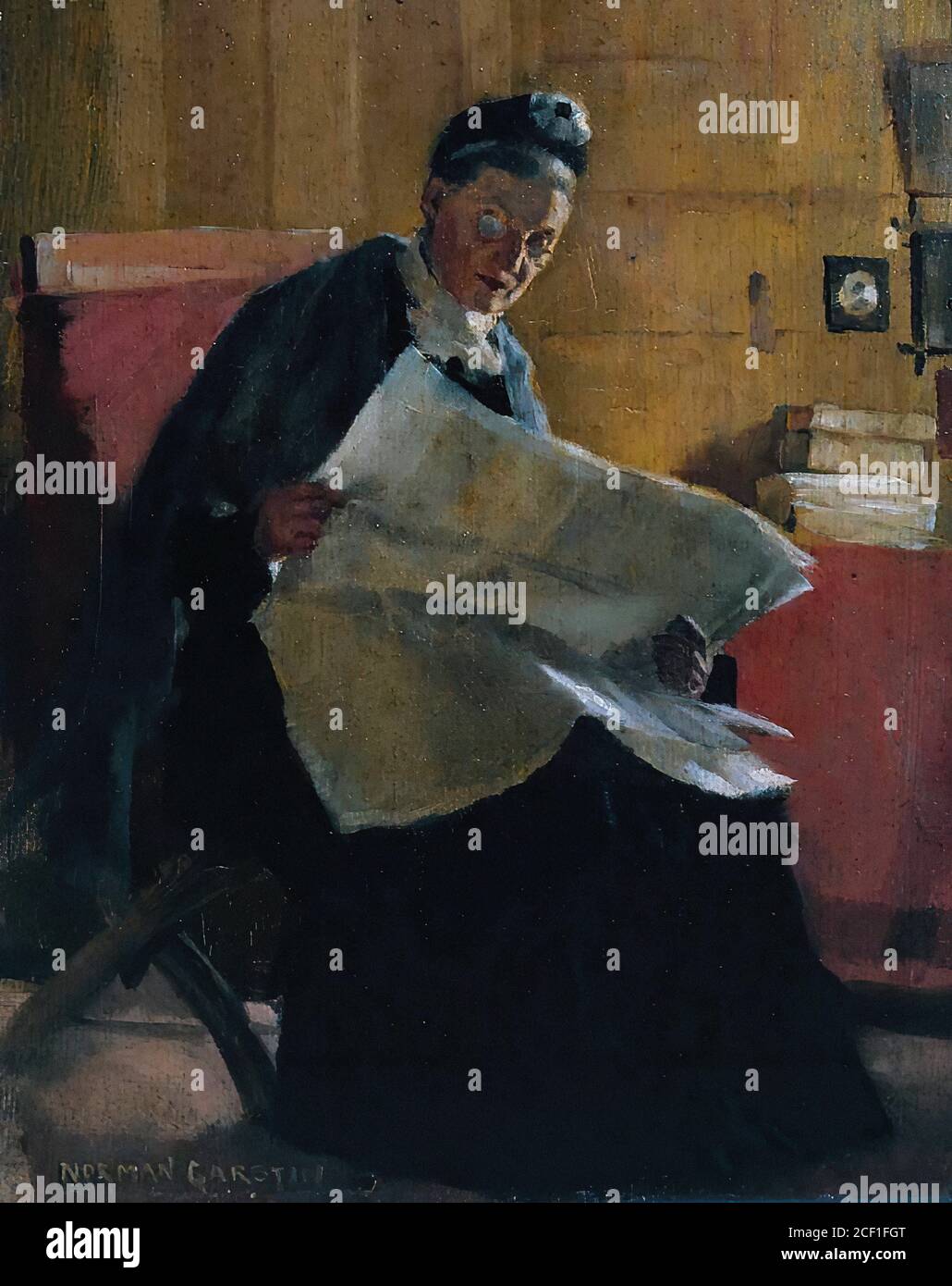 Garstin Norman - eine Frau, die eine Zeitung liest - Britisch Schule - 19. Jahrhundert Stockfoto