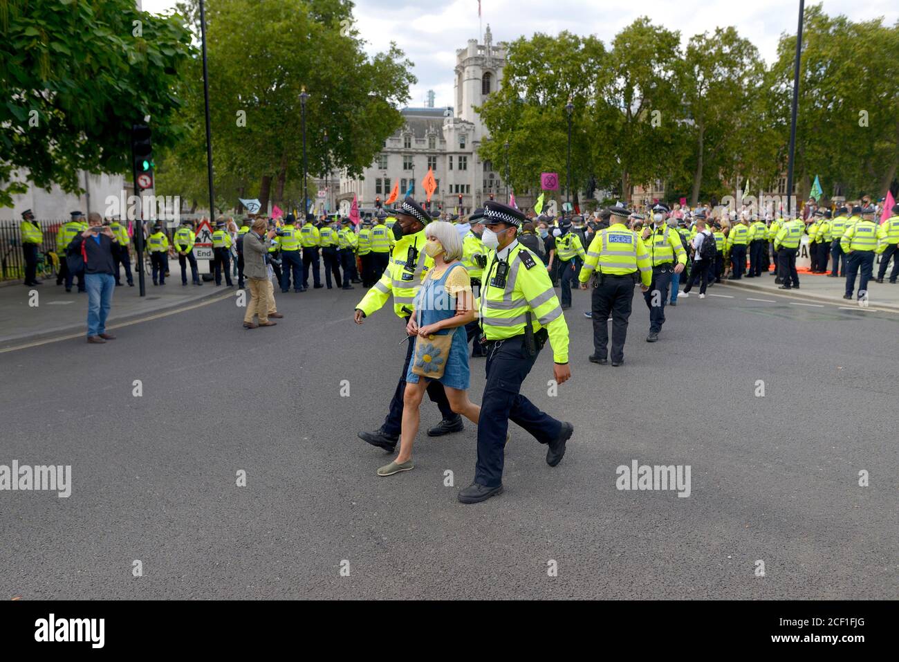 London, Großbritannien. Protestler bei einem Extinction Rebellion Protest in Zentral-London, 1. September 2020 verhaftet Stockfoto