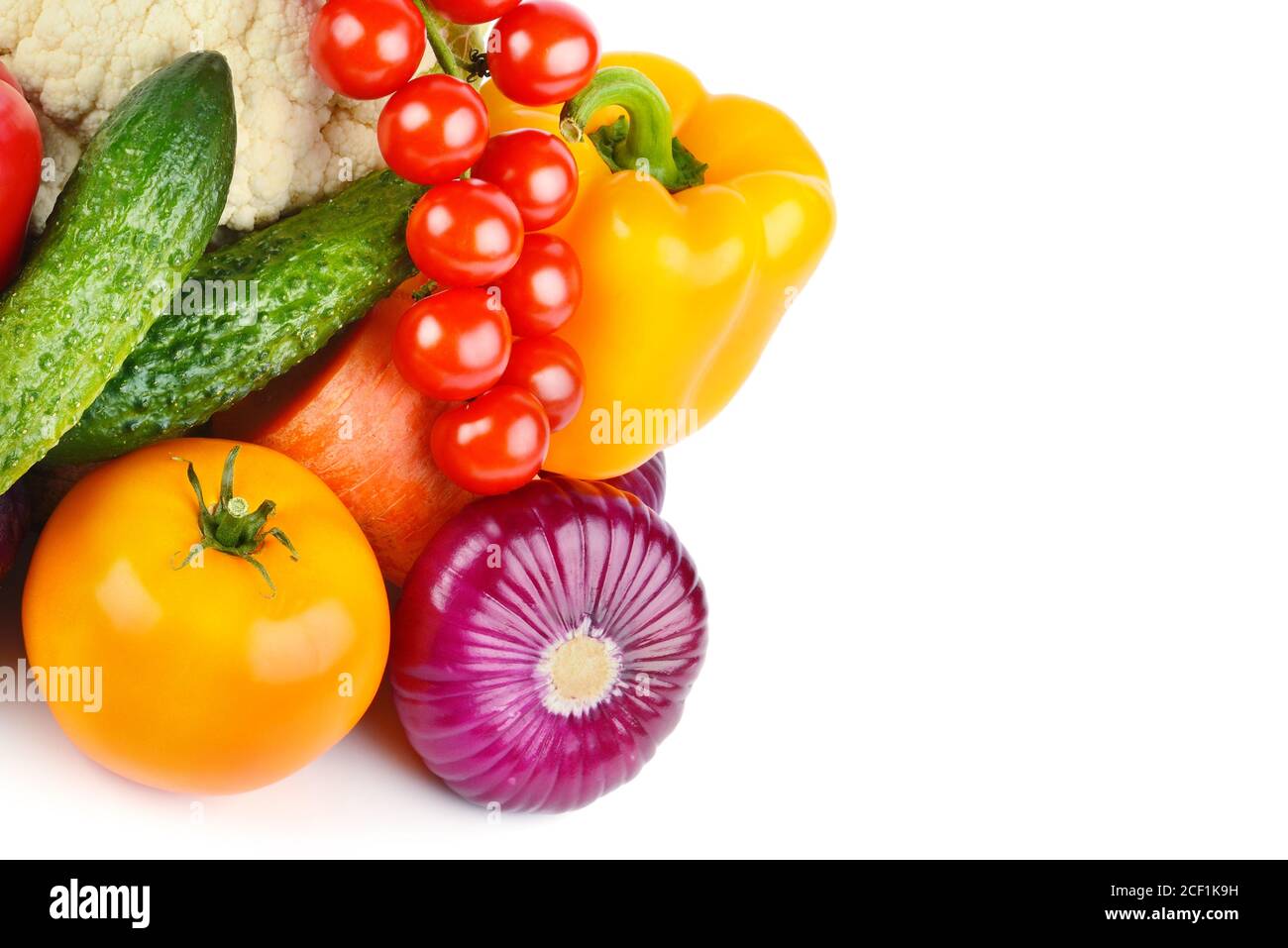 Сollection Obst und Gemüse isoliert auf weißem Hintergrund. Freier Speicherplatz für Text. Stockfoto