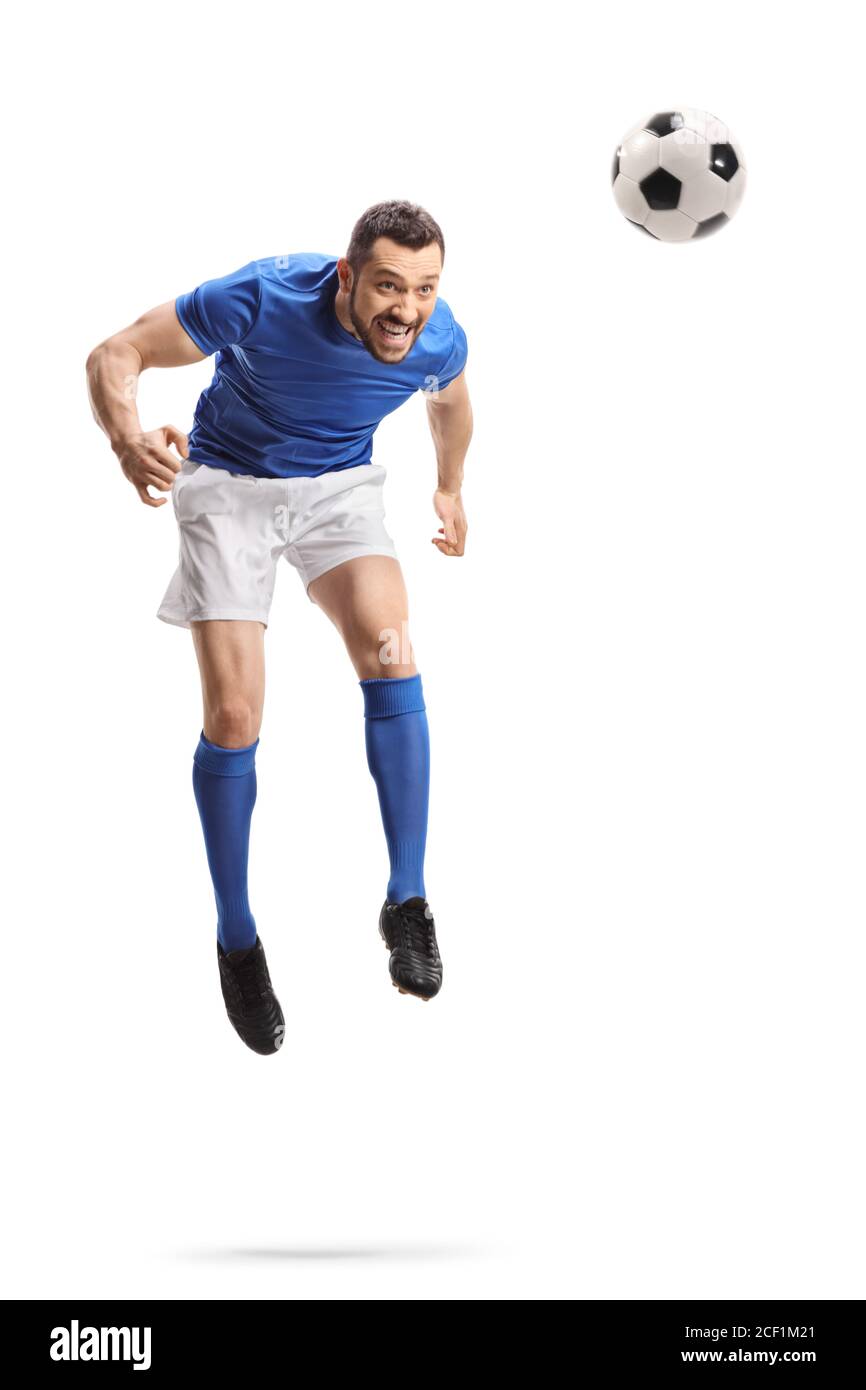 In voller Länge Porträt eines Fußballers springen und schlagen ein Ball mit Kopf isoliert auf weißem Hintergrund Stockfoto