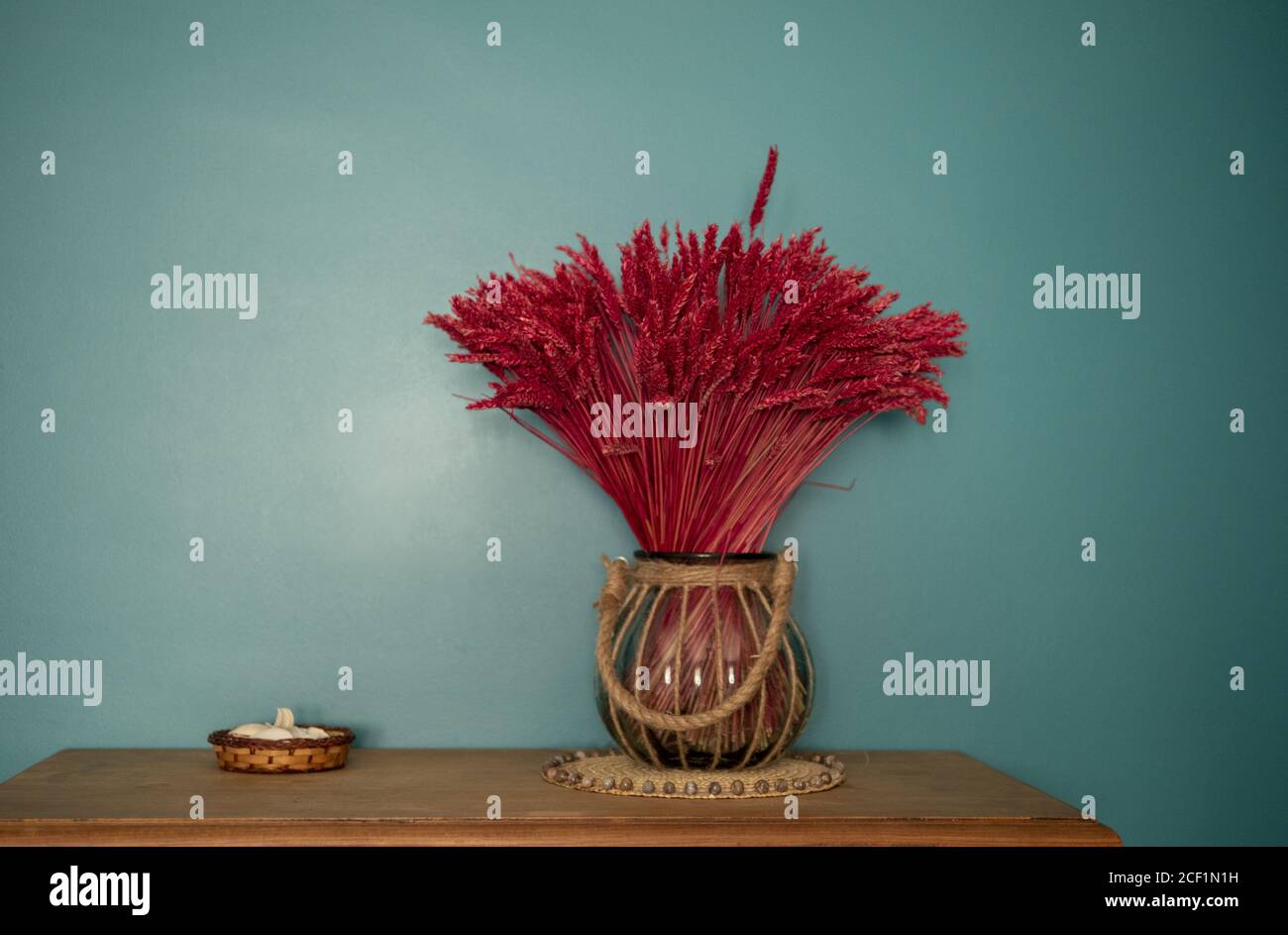 Nahaufnahme des roten Weizens in einer Vase gegen einen Türkis Wand Stockfoto