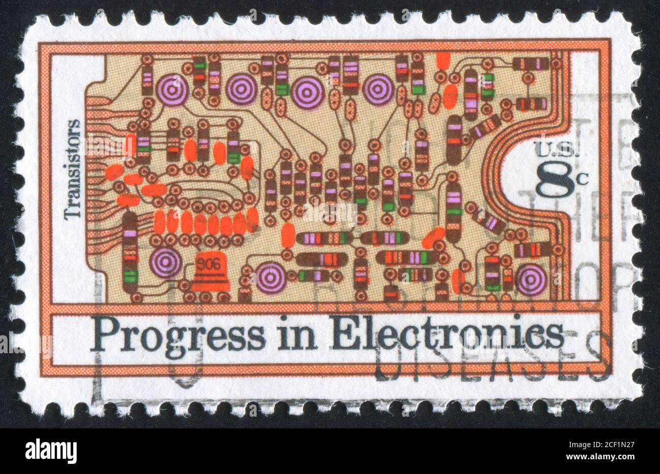 USA - UM 1973: Stempel gedruckt von den Vereinigten Staaten von Amerika, zeigt Transistoren und Leiterplatte, um 1973 Stockfoto