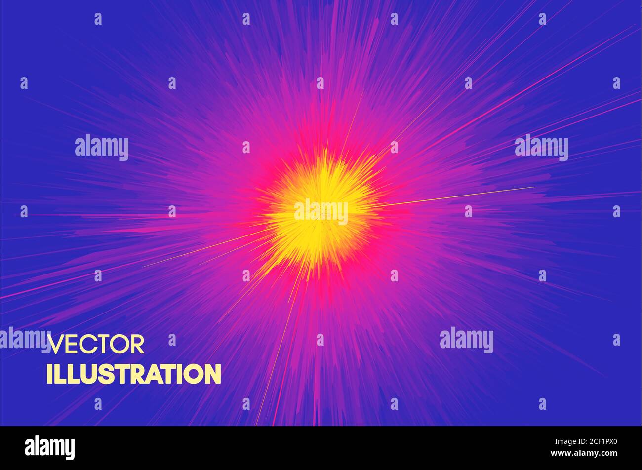 Hintergrund mit Explosion. Starburst dynamische Linien. Solar oder Starlight Emission. 3d-futuristische Technologie Stil. Vector Illustration. Stock Vektor