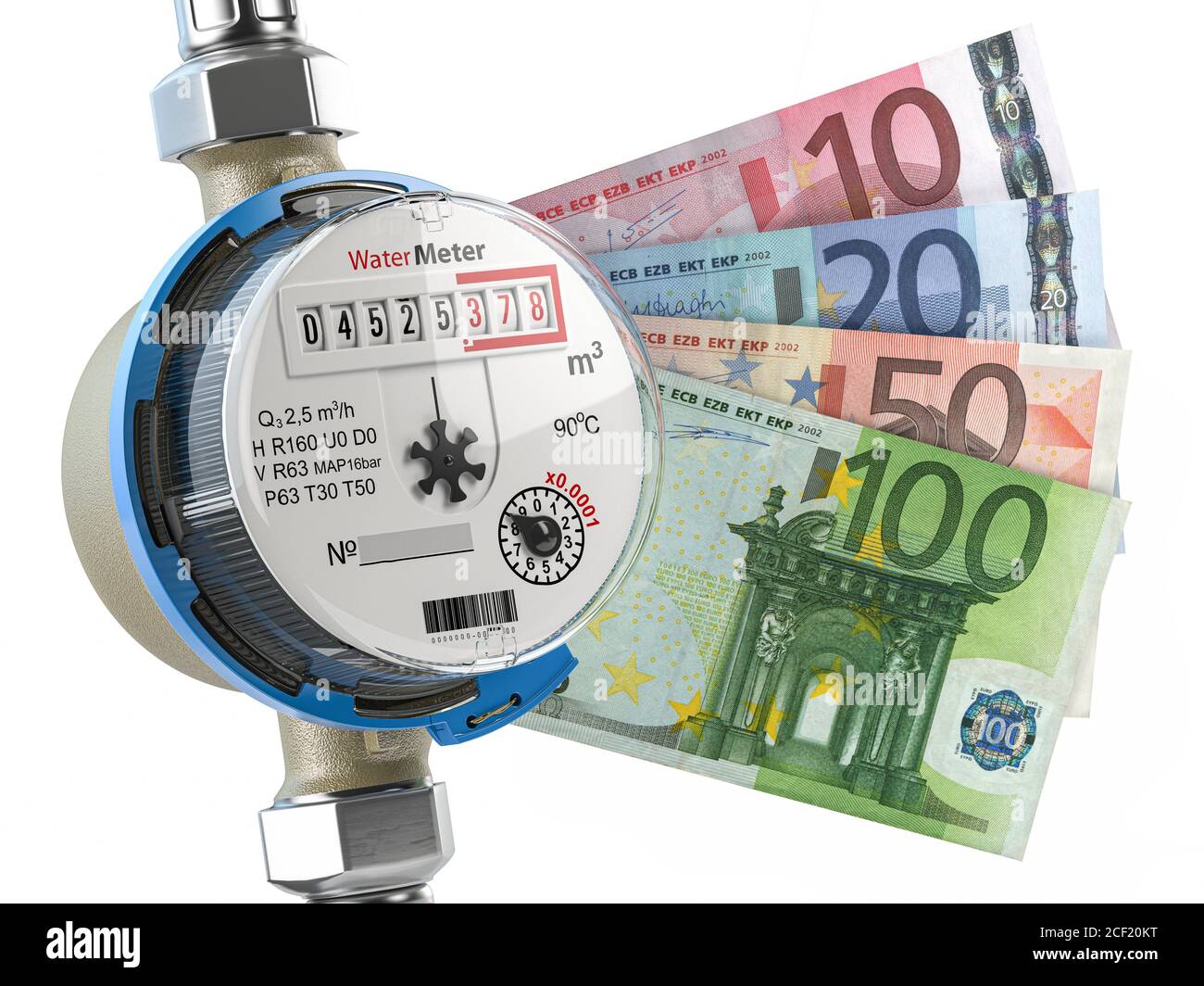 Wasserzähler mit Euro-Geld. Wasserverbrauch, Kosten der Versorgung und  Einsparkonzept. 3d-Illustration Stockfotografie - Alamy