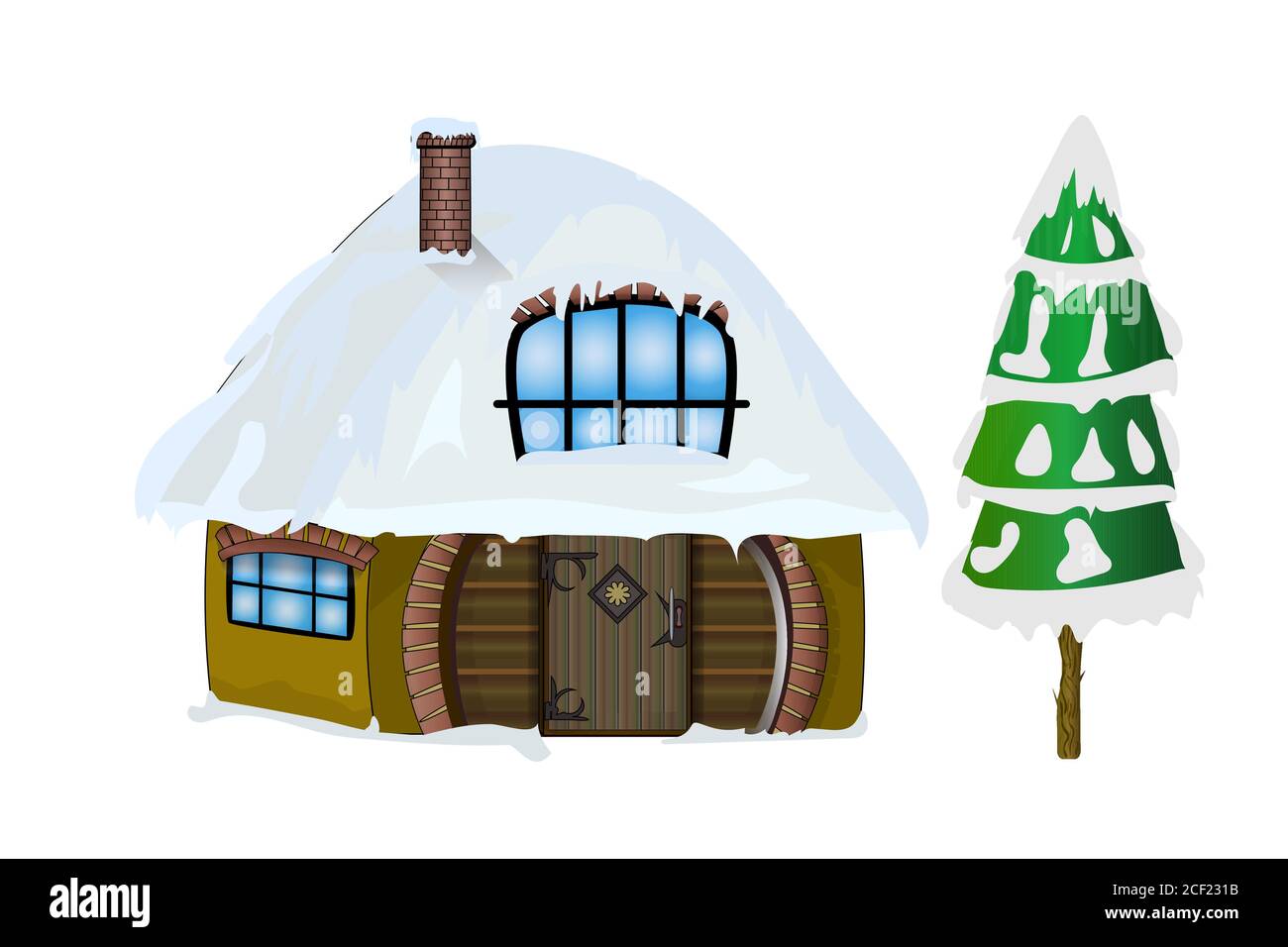 Winterhaus und erste isoliert auf weißem Hintergrund. Weihnachtshaus mit Schnee auf dem Hausdach. Weihnachtsmann Haus mit Schnee bedeckt. Stock-Vektor Stock Vektor