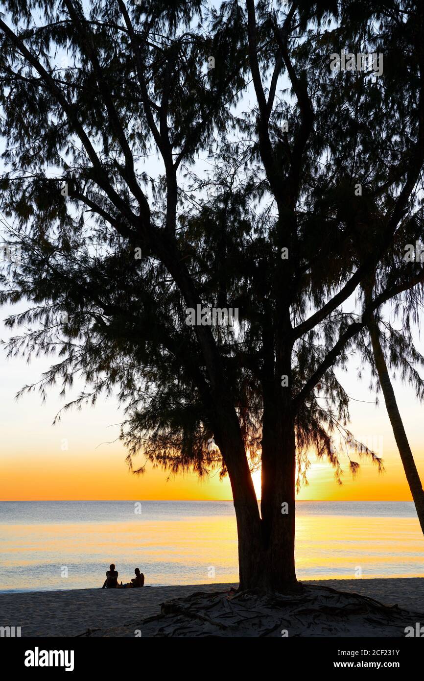 Silhouette eines jungen Paares, das neben einem großen Baum am Weißen Strand auf der Insel Boracay, Provinz Aklan, Visayas, Philippinen, bei orangefarbenem Sonnenuntergang sitzt Stockfoto