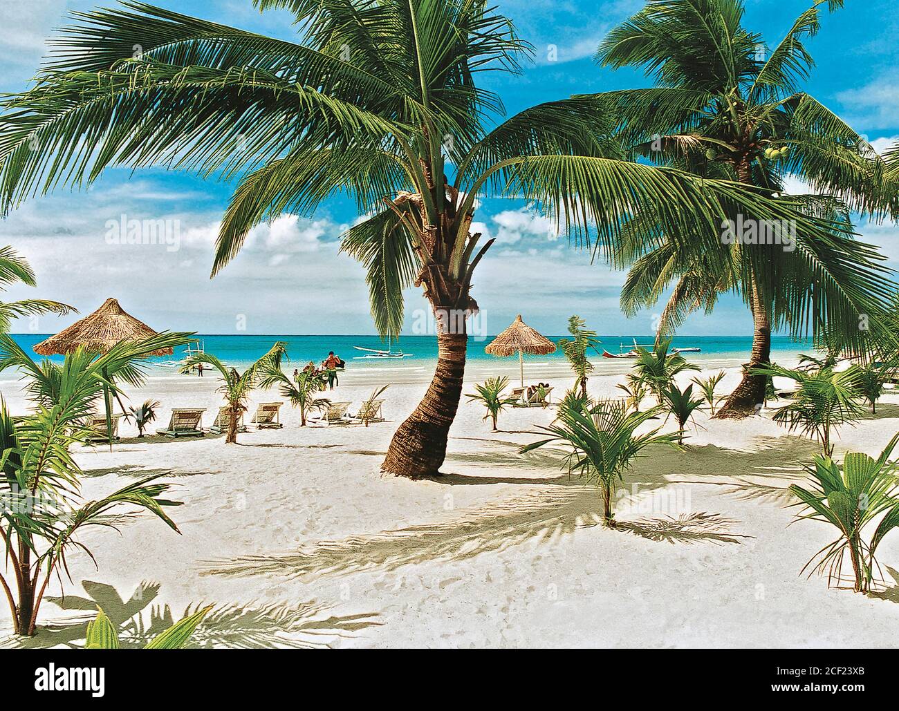 Fast leer sauberes Paradies White Beach von Boracay Island mit vielen Kokospalmen an einem sonnigen Tag mit blauem Himmel, Aklan, Visayas, Philippinen, Stockfoto