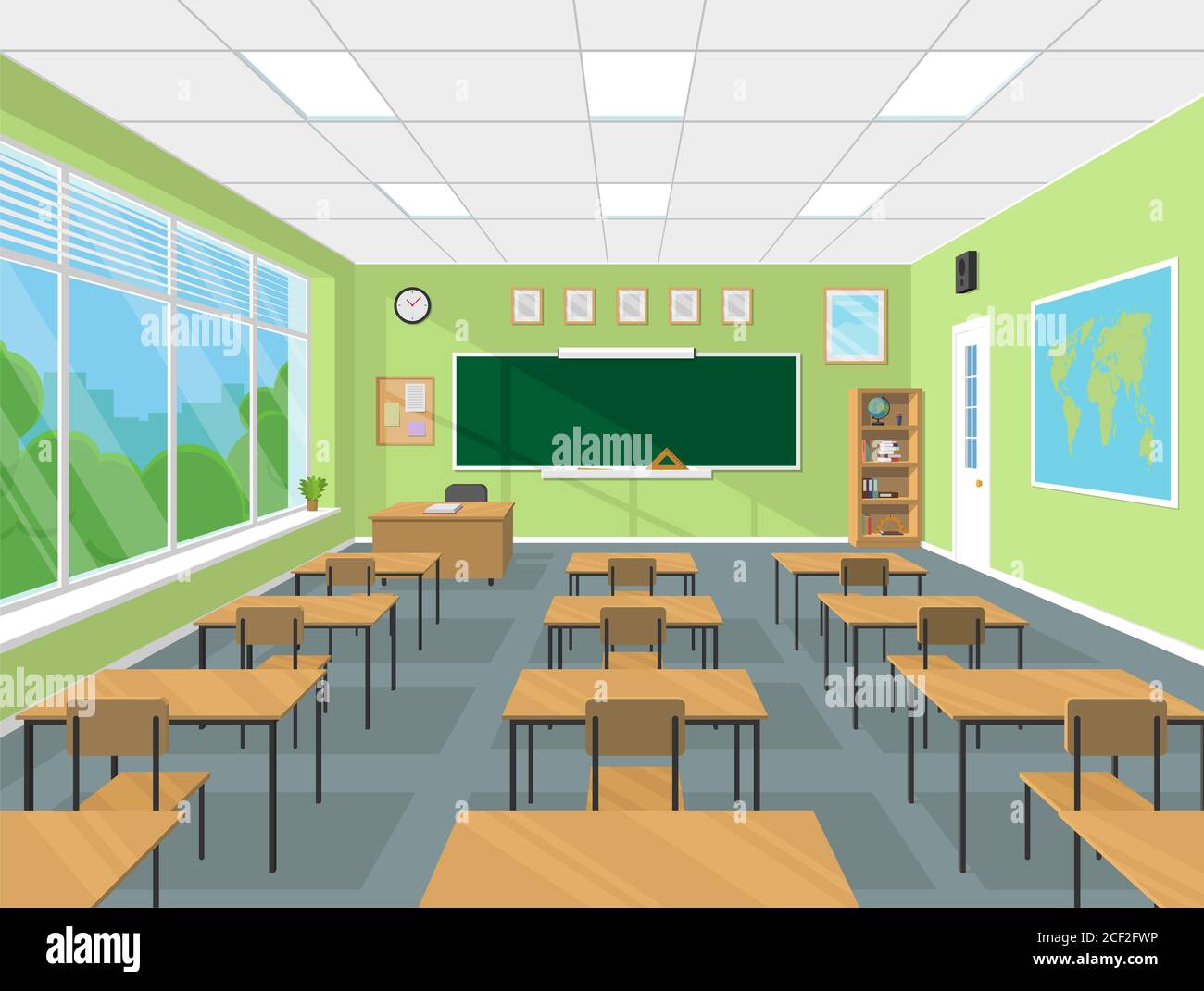 Schule oder College Klassenzimmer Innenraum mit Kreidetafel, Lehrer Tisch, Schreibtische, Schulbedarf. Vektor-Illustration mit flachem Design Stockfoto