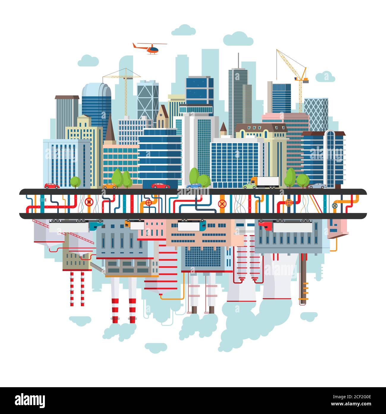 Landschaft einer Großstadt mit Verkehr, unterirdischer Kommunikation und einer Industriezone, die die Stadt mit Energie versorgt und die Umwelt verschmutzt. Stockfoto
