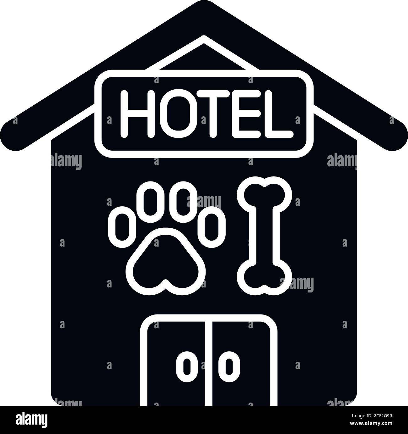 Schwarzes Glyphensymbol für Haustierhotels. Unterkunft und Behandlung für Hunde und Katzen. Haustiere über Nacht sitzend Service Silhouette Symbol auf Stock Vektor