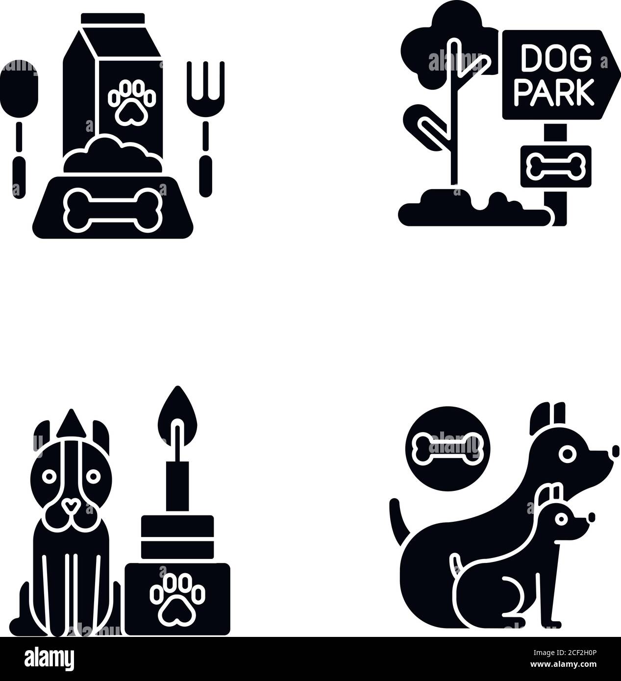 Hunde sitzende Dienste schwarze Glyphen Symbole auf weißem Raum gesetzt. Professionelle Haustier Tagesbetreuung. Gute Ernährung, Spaziergänge im Park und Veranstaltungen Feier silh Stock Vektor