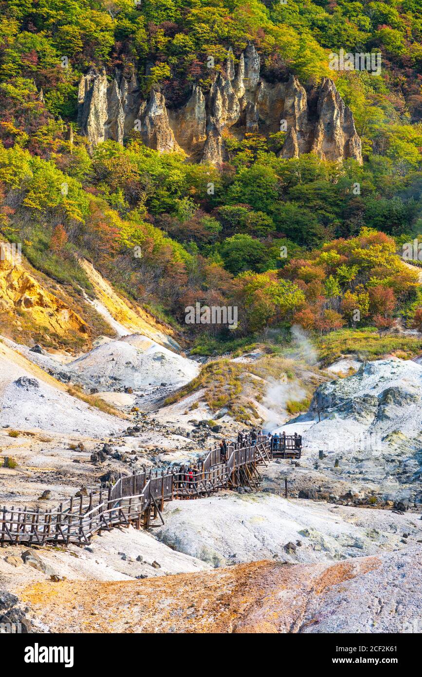 Jigokudani, auf Englisch als "Hell Valley" bekannt, ist die Quelle von heißen Quellen für viele lokale Onsen Spas in Noboribetsu, Hokkaido, Japan. Stockfoto