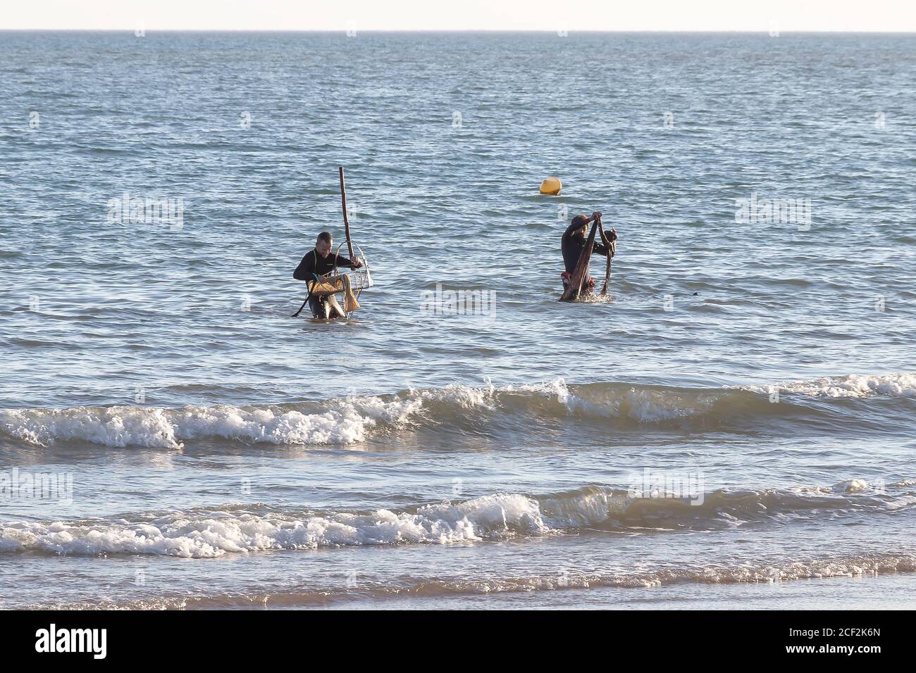 Punta Umbria, Huelva, Spanien - 31. August 2020: Muschelfischer arbeiten an der Küste des Strandes von Punta Umbria an der Küste von Huelva, Andalusien, Stockfoto