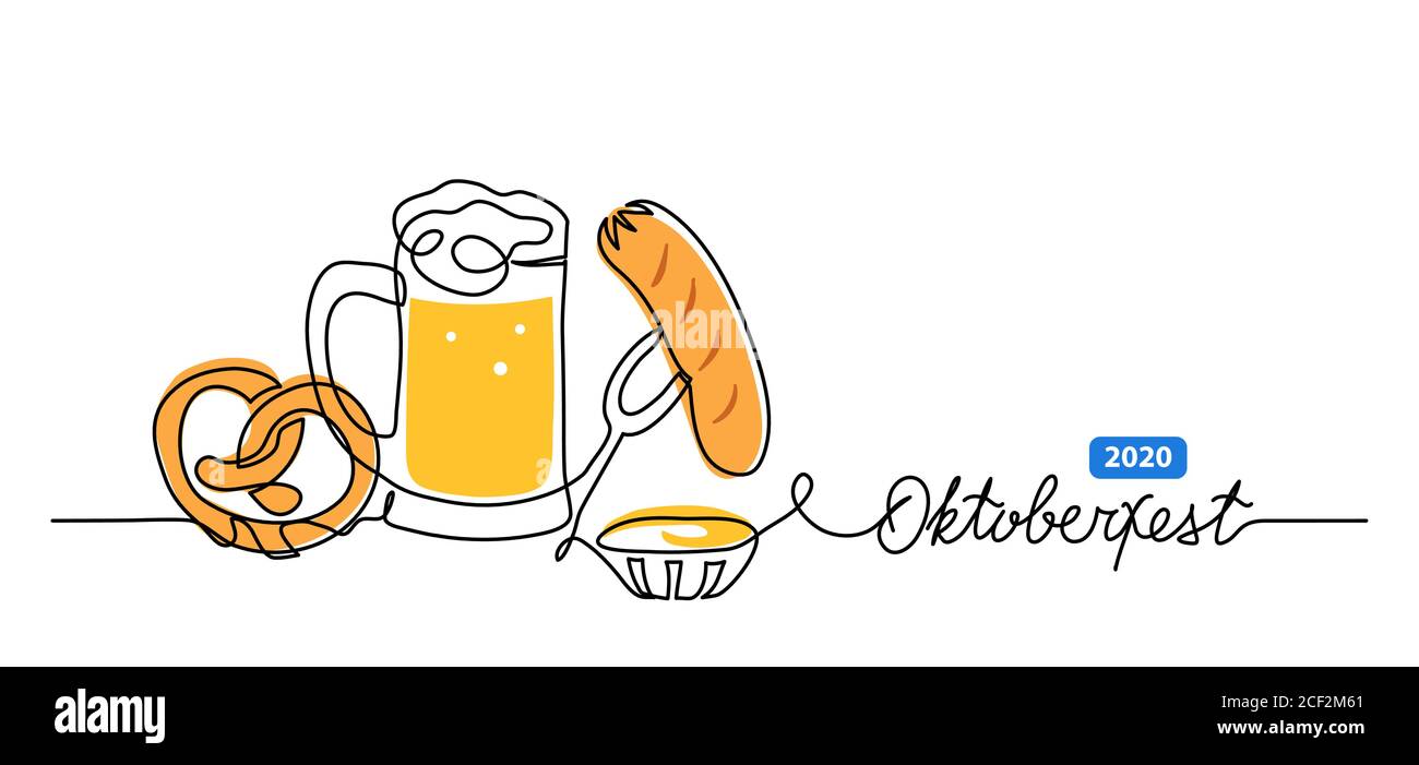 Oktoberfest Vektorbanner, Hintergrund mit Bier, Brezel und Wurst. Ein fortlaufendes Linienzeichungs-Banner mit Schriftzug Oktoberfest Stock Vektor