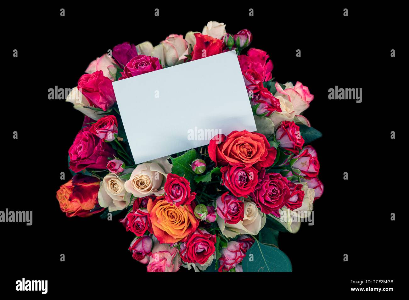 Bouquet von roten, rosa und gelben Rosen mit leerer Karte. Vorlage für Geburtstag, Hochzeit, Muttertag, valentinstag Karte. Stockfoto