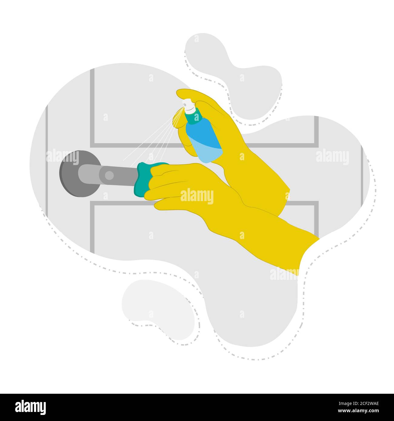 Reinigen der Türgriffe mit Waschmittel. Stockfoto