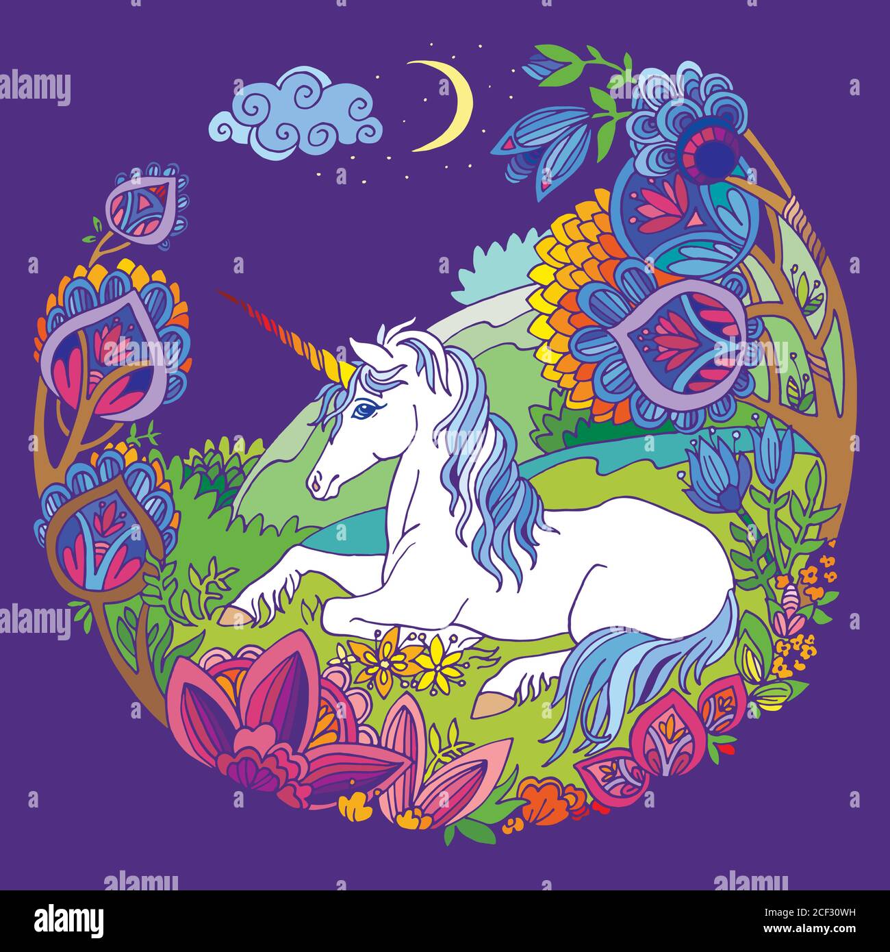 Vektor schön liegend Einhorn mit Blumen im Kreis Zusammensetzung. Bunte Zierillustration isoliert auf violettem Hintergrund. Für T-Shirt, sticke Stock Vektor