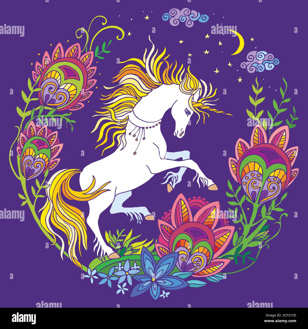Vektor schöne stehende Einhorn mit Blumen im Kreis Zusammensetzung. Bunte Zierillustration isoliert auf violettem Hintergrund. Für T-Shirt, sti Stock Vektor