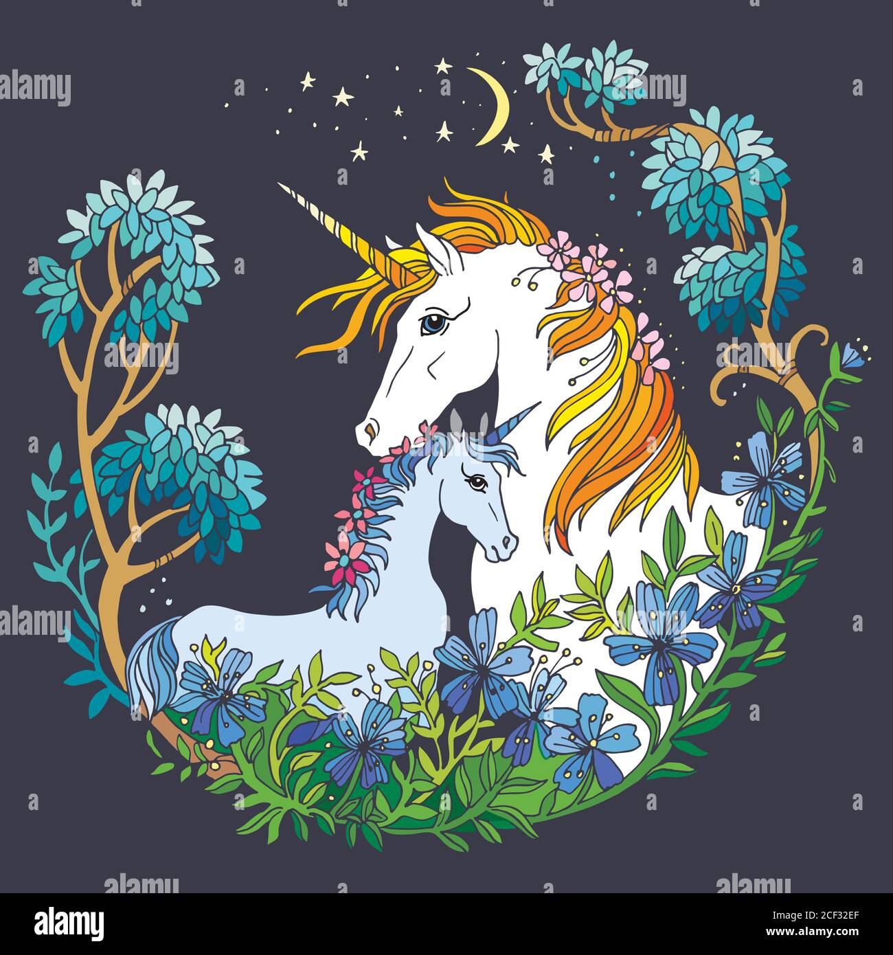 Vektor schönes Einhorn und Fohlen mit Blumen im Kreis Zusammensetzung. Bunte Zierillustration isoliert auf grauem Hintergrund. Für T-Shirt, Stick Stock Vektor