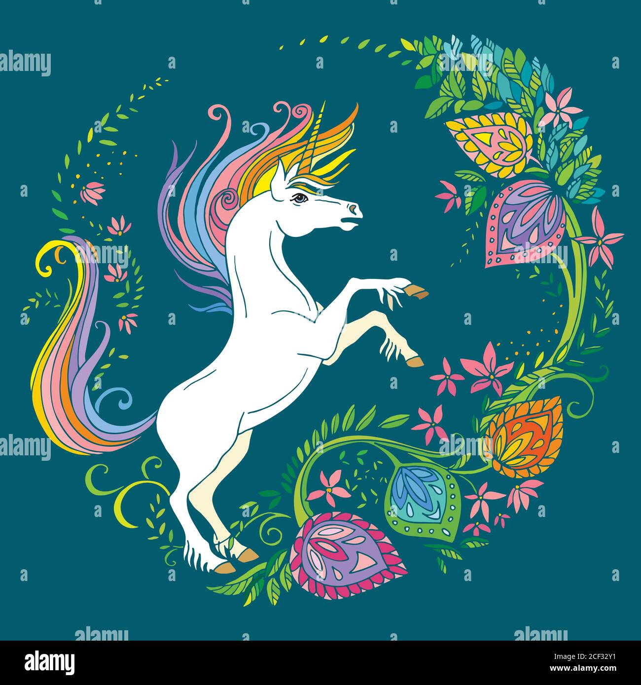 Vektor schöne stehende Einhorn mit Blumen im Kreis Zusammensetzung. Bunte Zierillustration isoliert auf türkisfarbenem Hintergrund. Für T-Shirt, Stock Vektor
