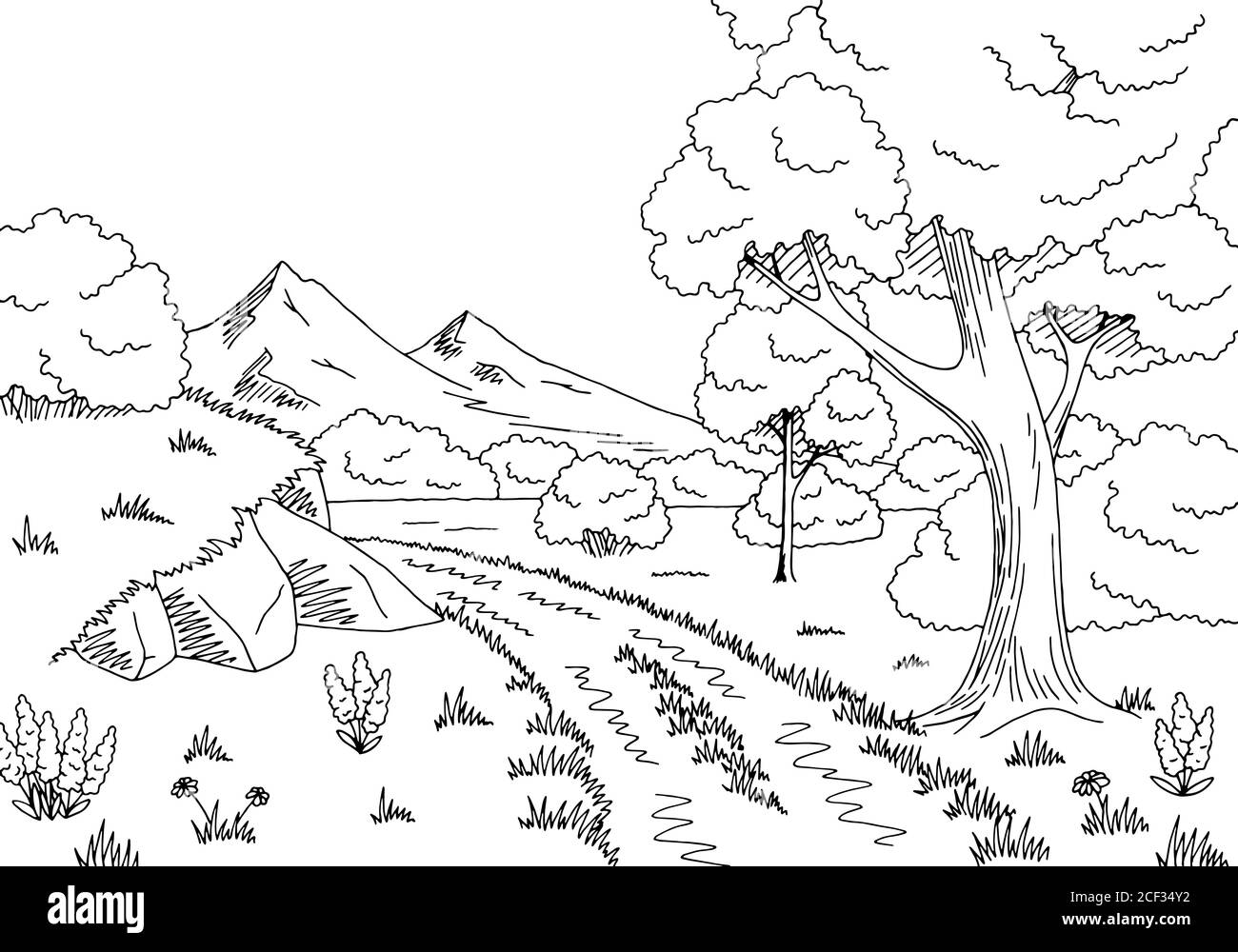 Wald Straße Grafik schwarz weiß Landschaft Skizze Illustration Vektor Stock Vektor