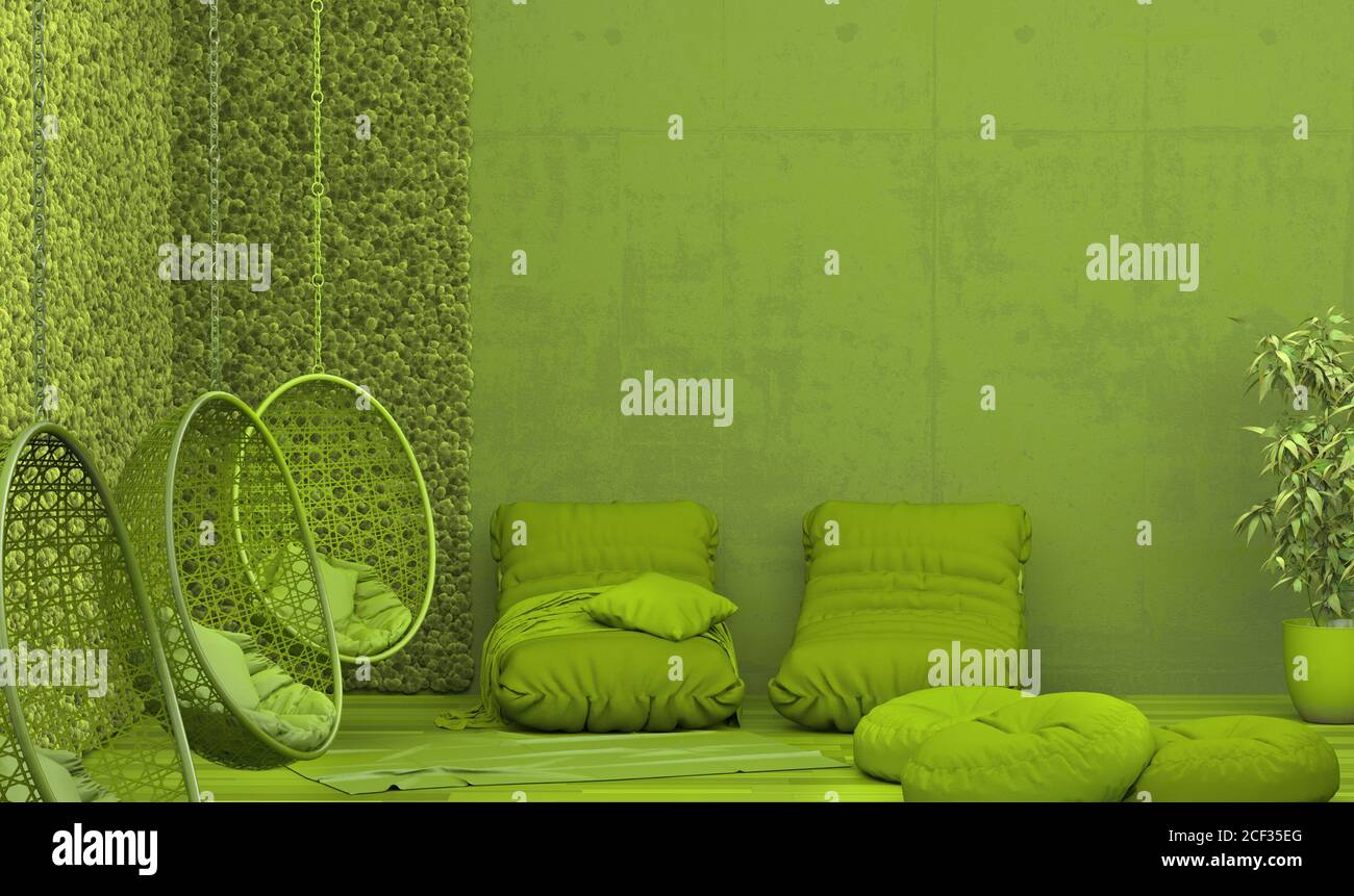 Erholungsgebiet Interieur eines öffentlichen Gebäudes in monochromer grüner Farbe. Zimmergestaltung im Loft-Stil mit Schaukeln, Puffs, Kissen und Polstermöbeln. Stockfoto