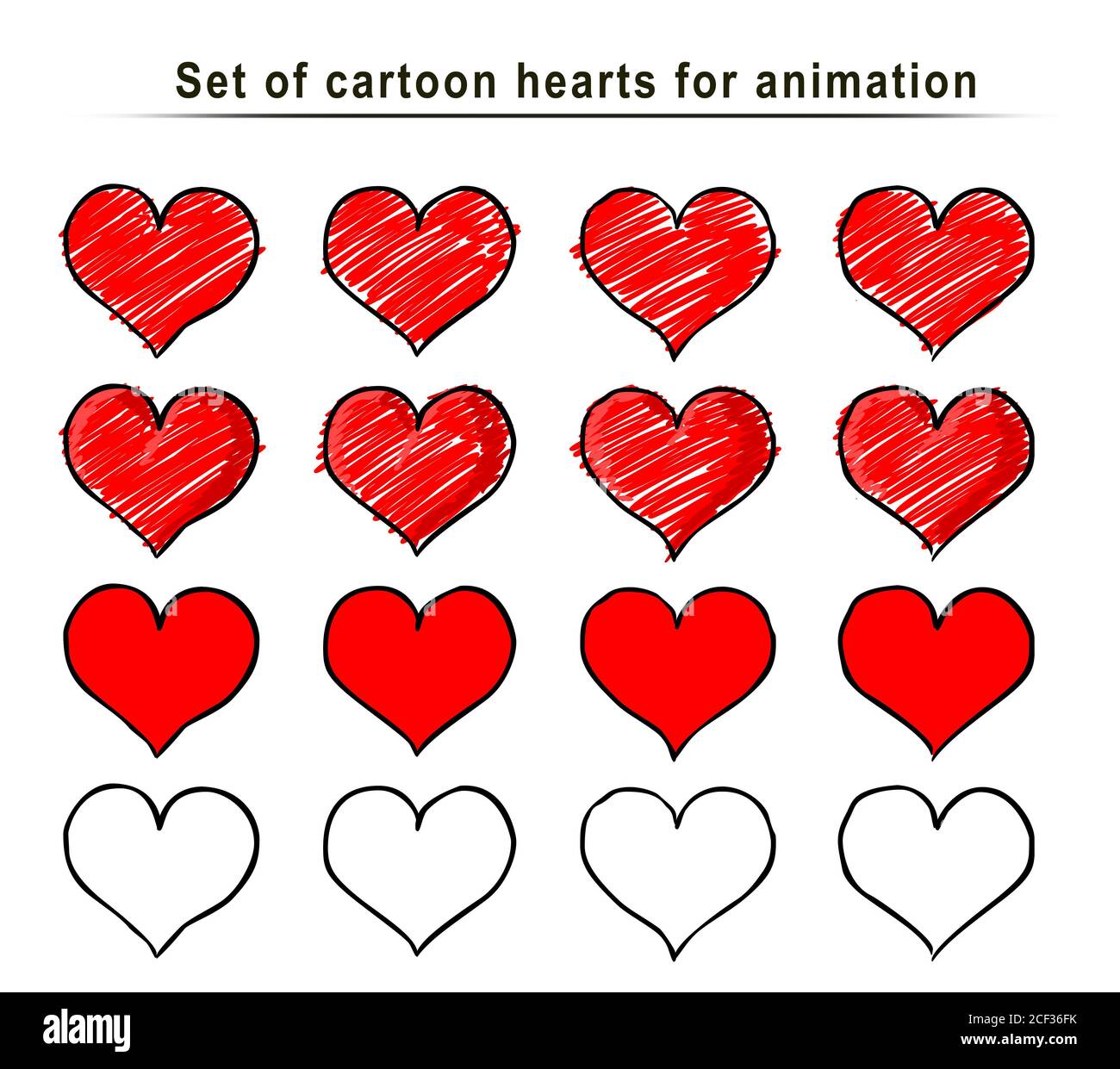 Satz von Cartoon Herz Animation Rahmen, handgezeichnete Skizze, Doodle  Vektor. Rote Symbole gezeichnet mit Pinsel, Stift, Tinte, isoliert auf  weißem Hintergrund. Cooler Trend Stockfotografie - Alamy