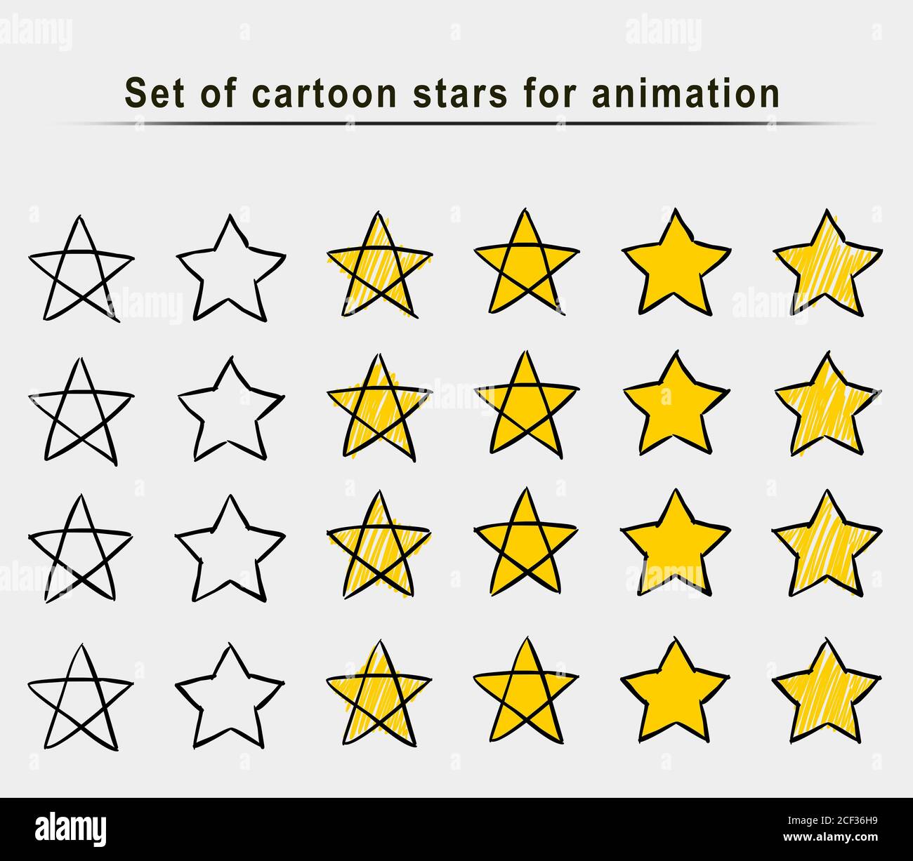 Set von Cartoon-Sterne-Animation Rahmen, handgezeichnete Skizze, Doodle Vektor. Gelbe Symbole gezeichnet mit Pinsel, Stift, Tinte, isoliert auf weißem Hintergrund. Kühl tr Stockfoto