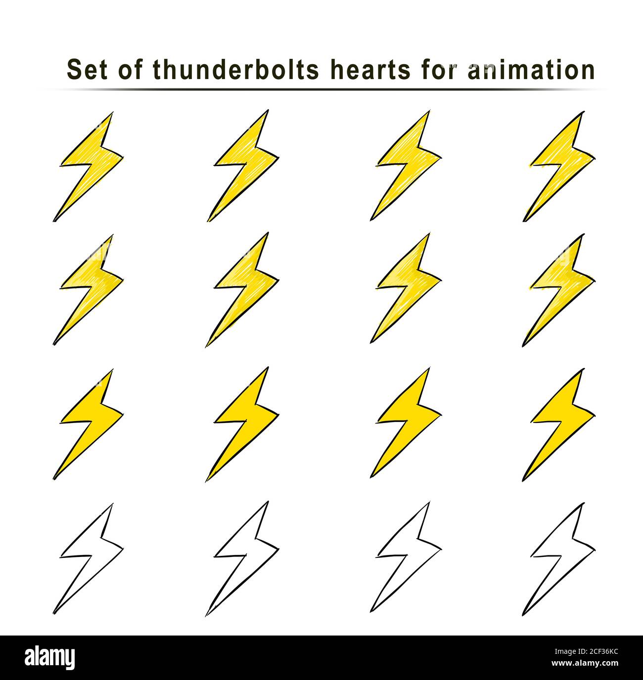 Set Cartoon Thunderbolt Animation Rahmen, Hand Blitz Skizze, Doodle Vektor. Gelbe Symbole gezeichnet Pinsel, Stift, Tinte, isoliert weißen Hintergrund. Kühl t Stockfoto