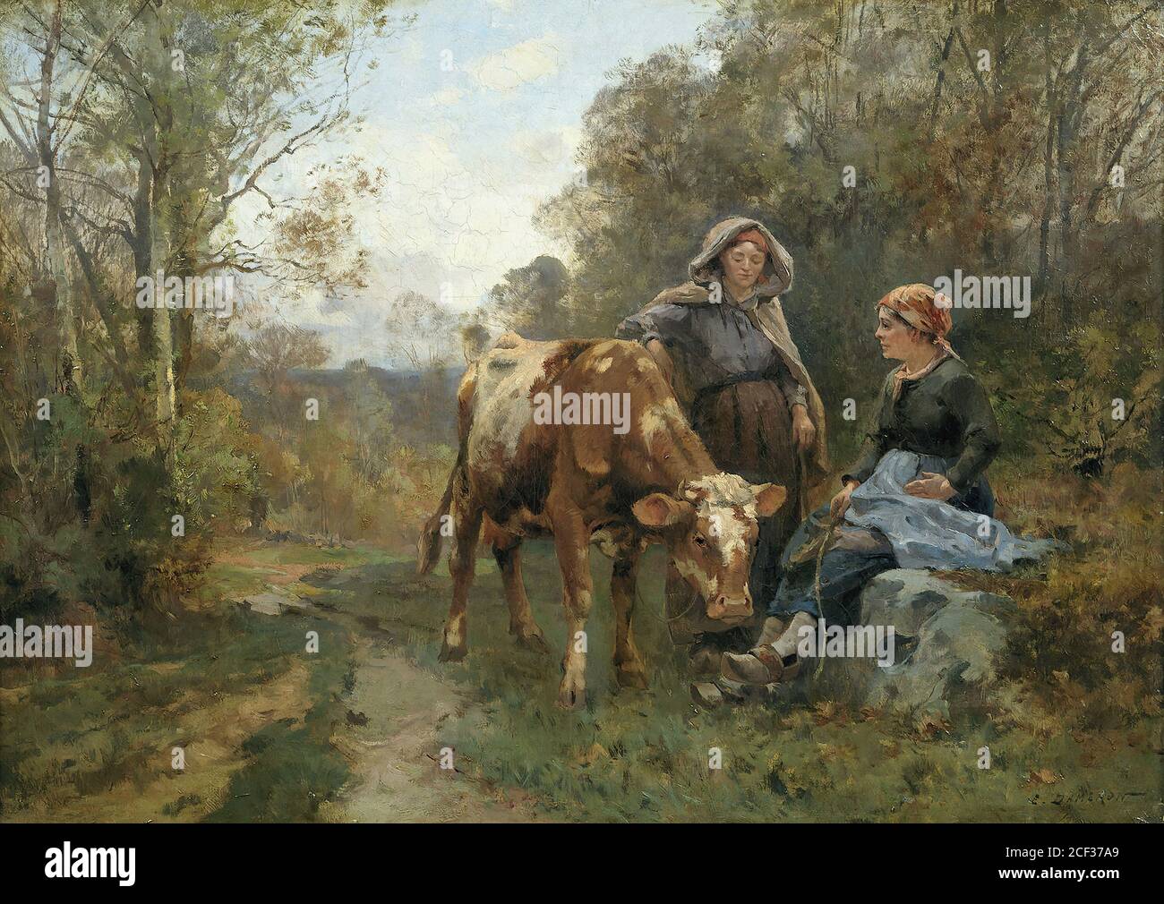 Dameron Emile Charles - zwei Landfrauen und eine Kuh In einer Waldlandschaft - Französische Schule - 19. Jahrhundert Stockfoto