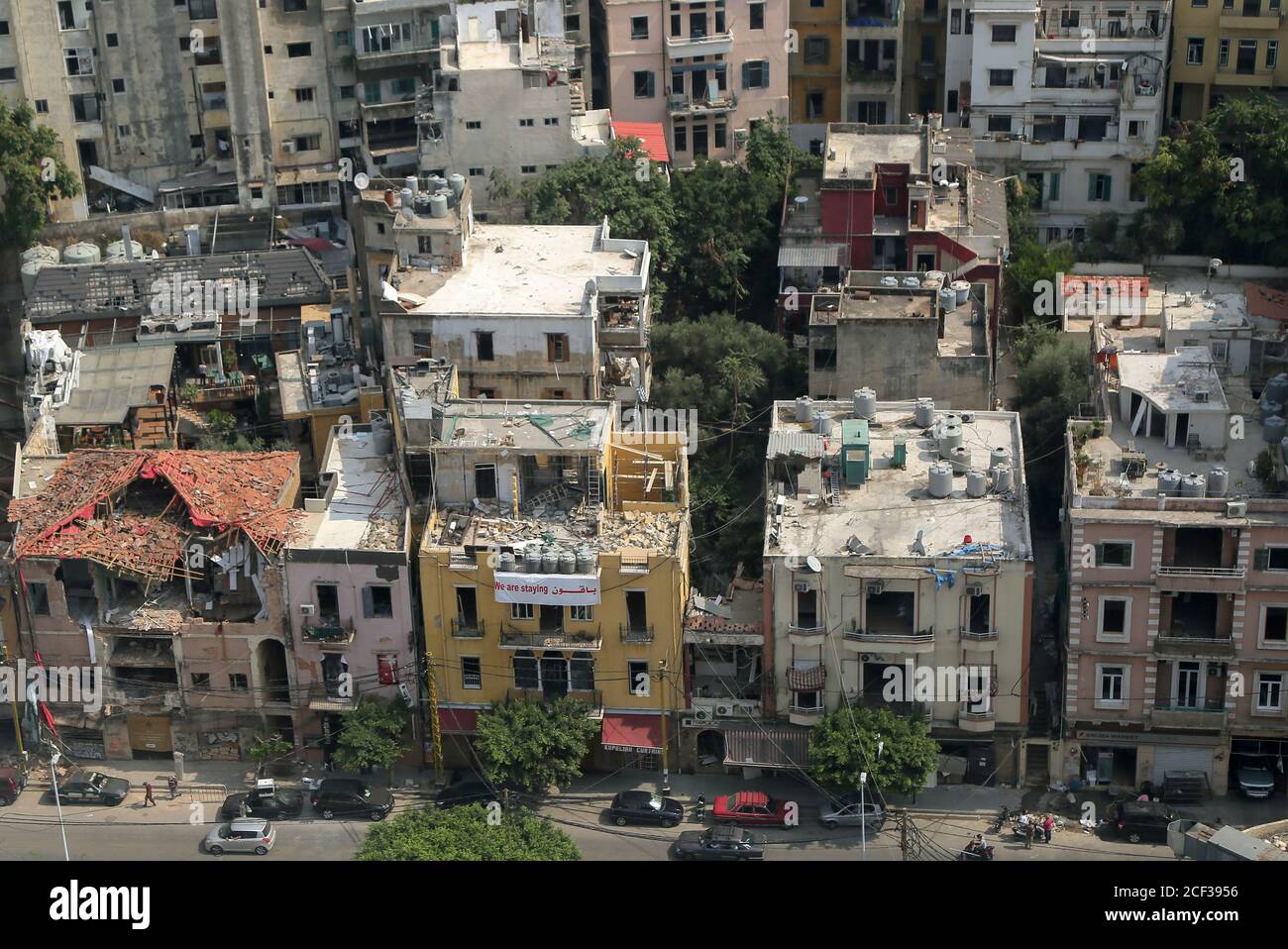 Beirut, Libanon. September 2020. Blick auf zerstörte Häuser und Gebäude in der Nähe des Hafens von Beirut, dem Ort der massiven Explosion, die Beirut am 04. August 2020 erschütterte. Quelle: Marwan Naamani/dpa/Alamy Live News Stockfoto