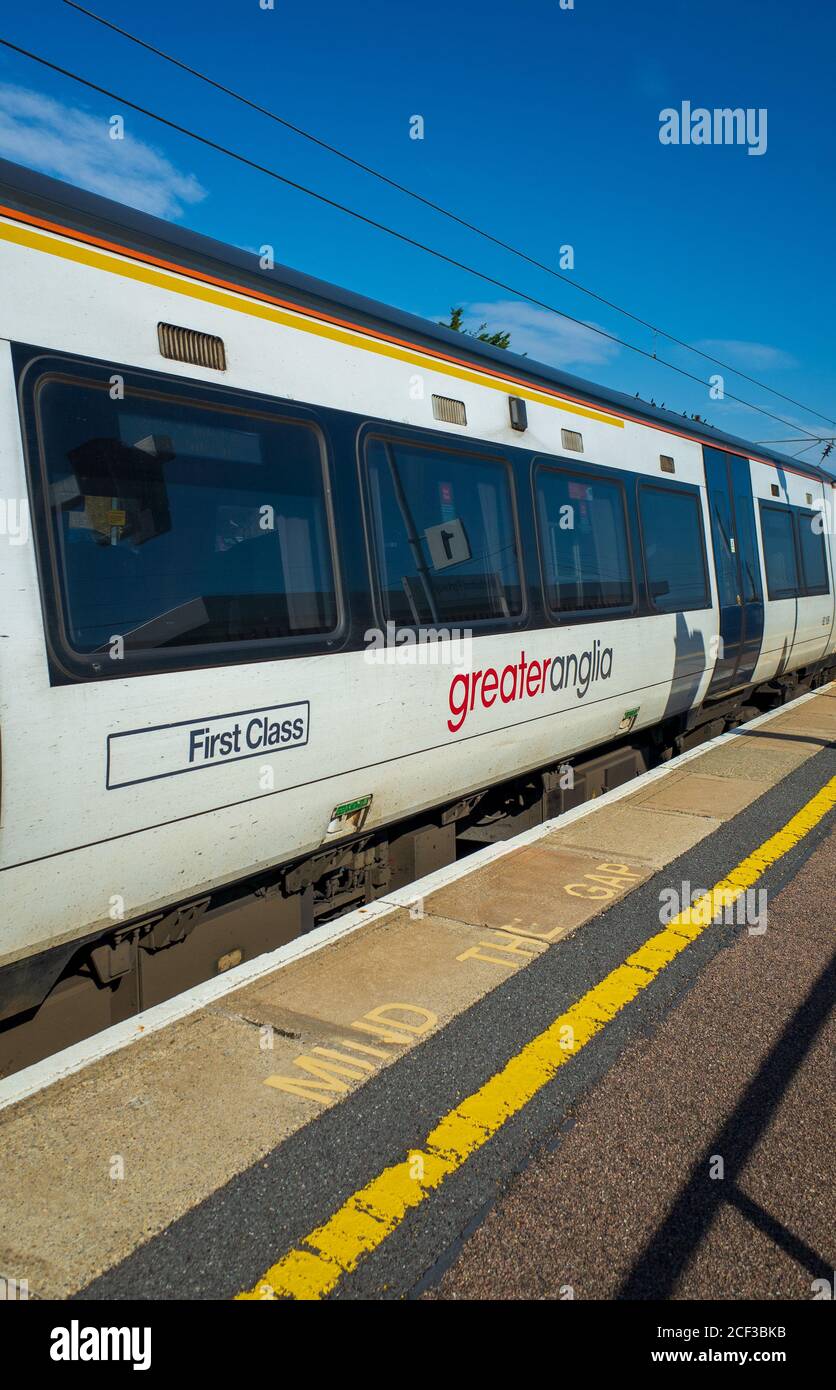Greater Anglia Stansted Express-Zug. Greater Anglia Train. Stansted Express-Zug. Stockfoto