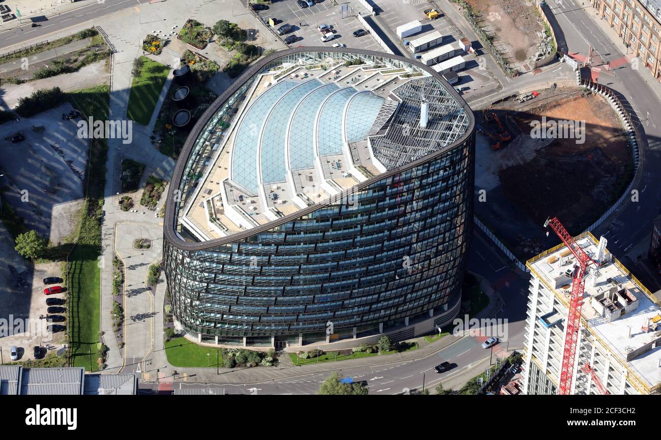 Luftaufnahme von 1 Angel Square in Manchester, dem Hauptquartier der GUS Stockfoto