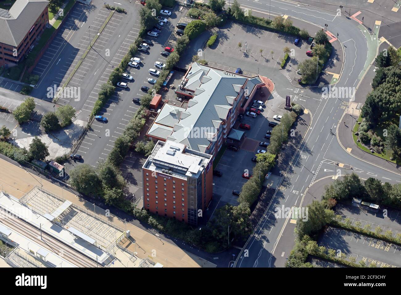 Luftaufnahme des Premier Inn Manchester Old Trafford Hotels Stockfoto
