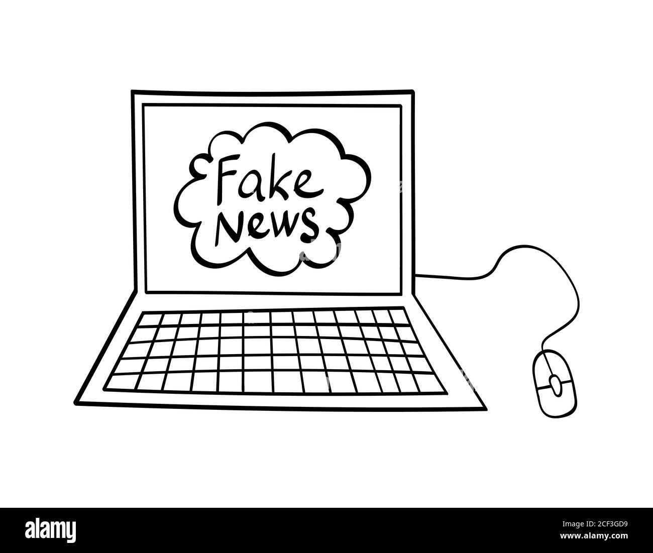 Fake News Schriftzug auf einem Bildschirm eines handgezeichneten Notizbuchs. Vektorgrafik. Stock Vektor