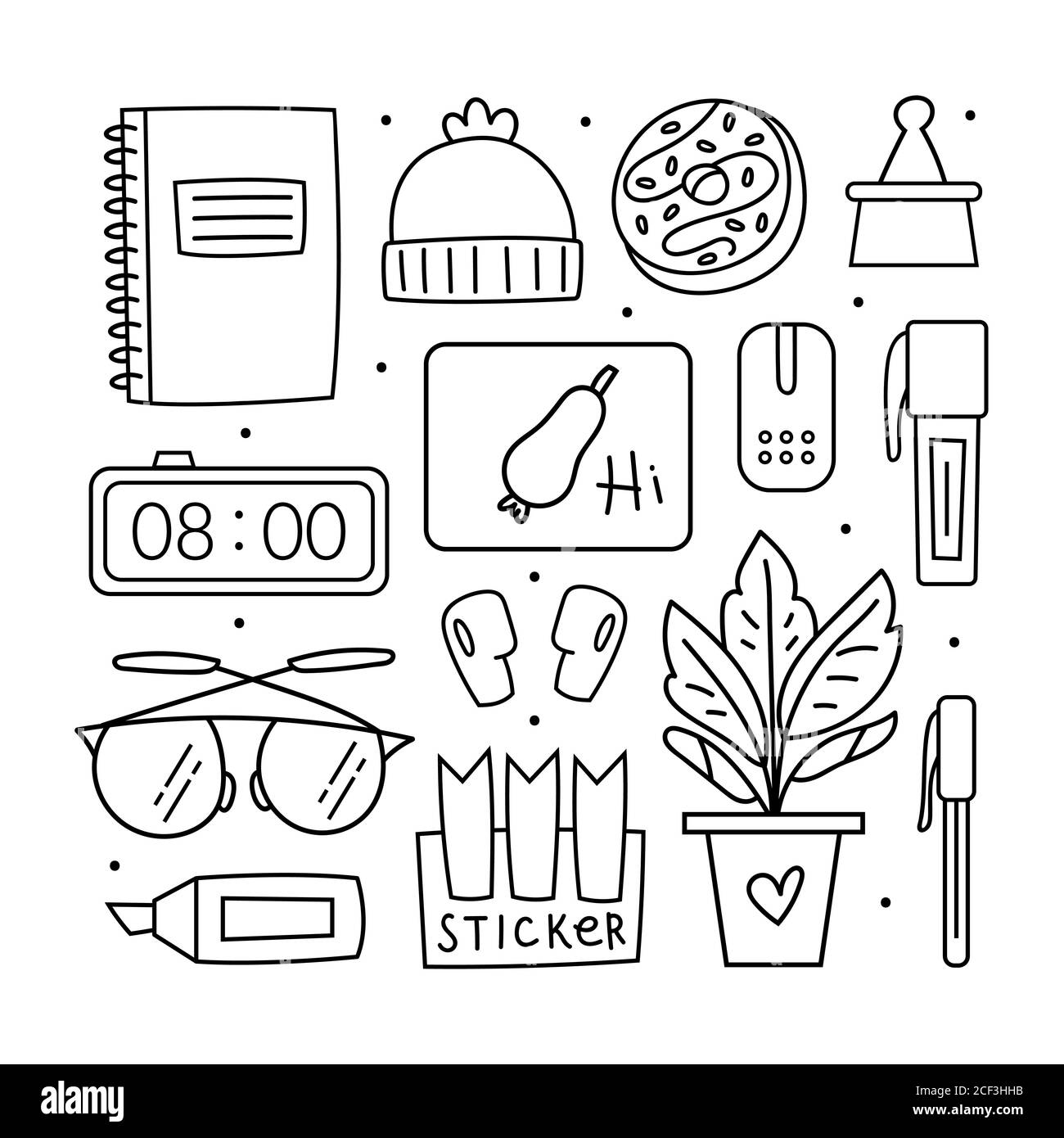 Zurück zur Schule Clip Art, Set. Bürobedarf, Bürobedarf. Notebook, Marker, Aufkleber, Pflanze in Topf, Gläser, Alarm, Stift, Donut, Laptop, Uhr, Zugang Stock Vektor