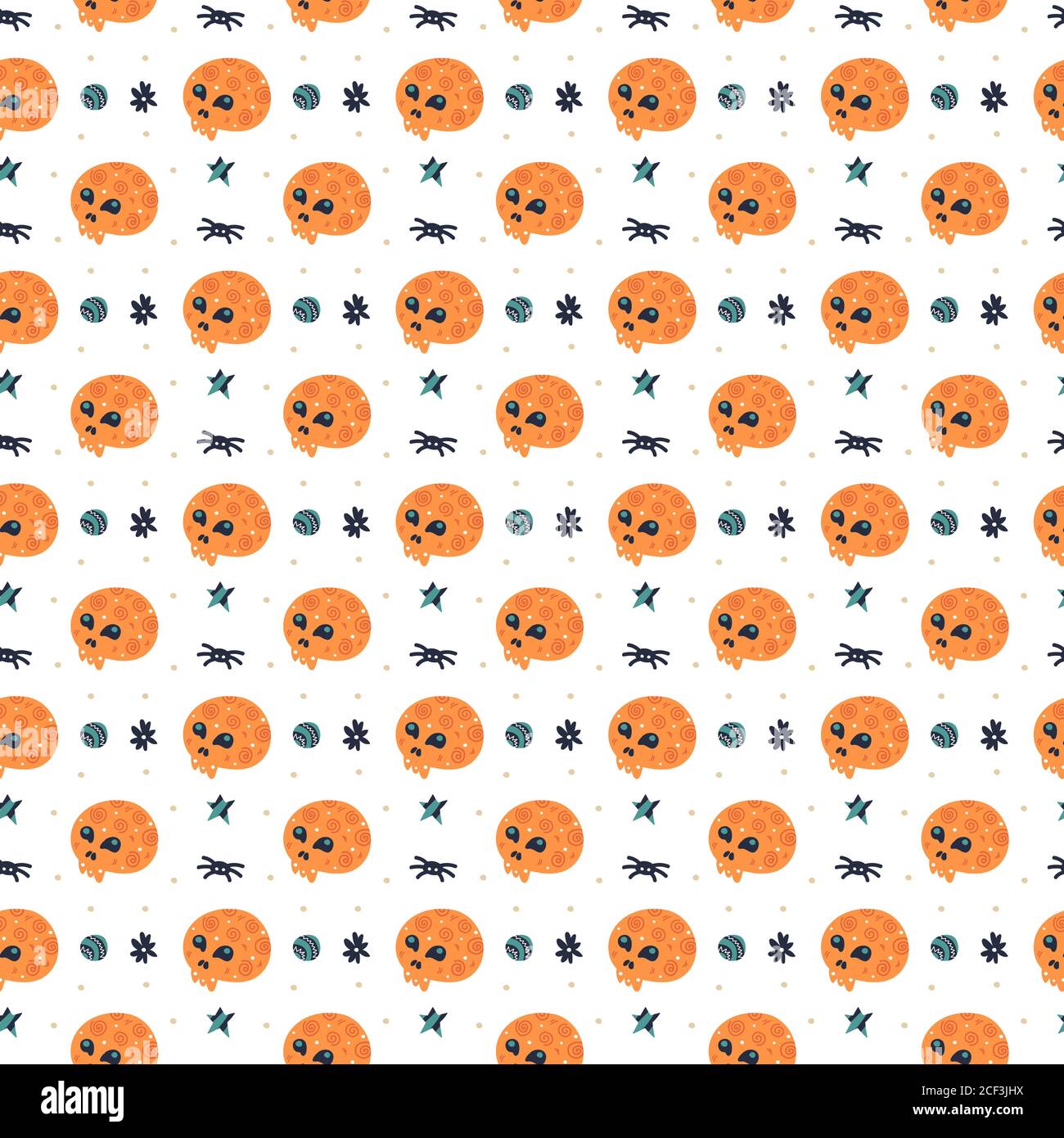 Happy Halloween nahtlose Muster, Hintergrund. Schädel mit Spinne. Verpackungspapierdesign. Stock Vektor