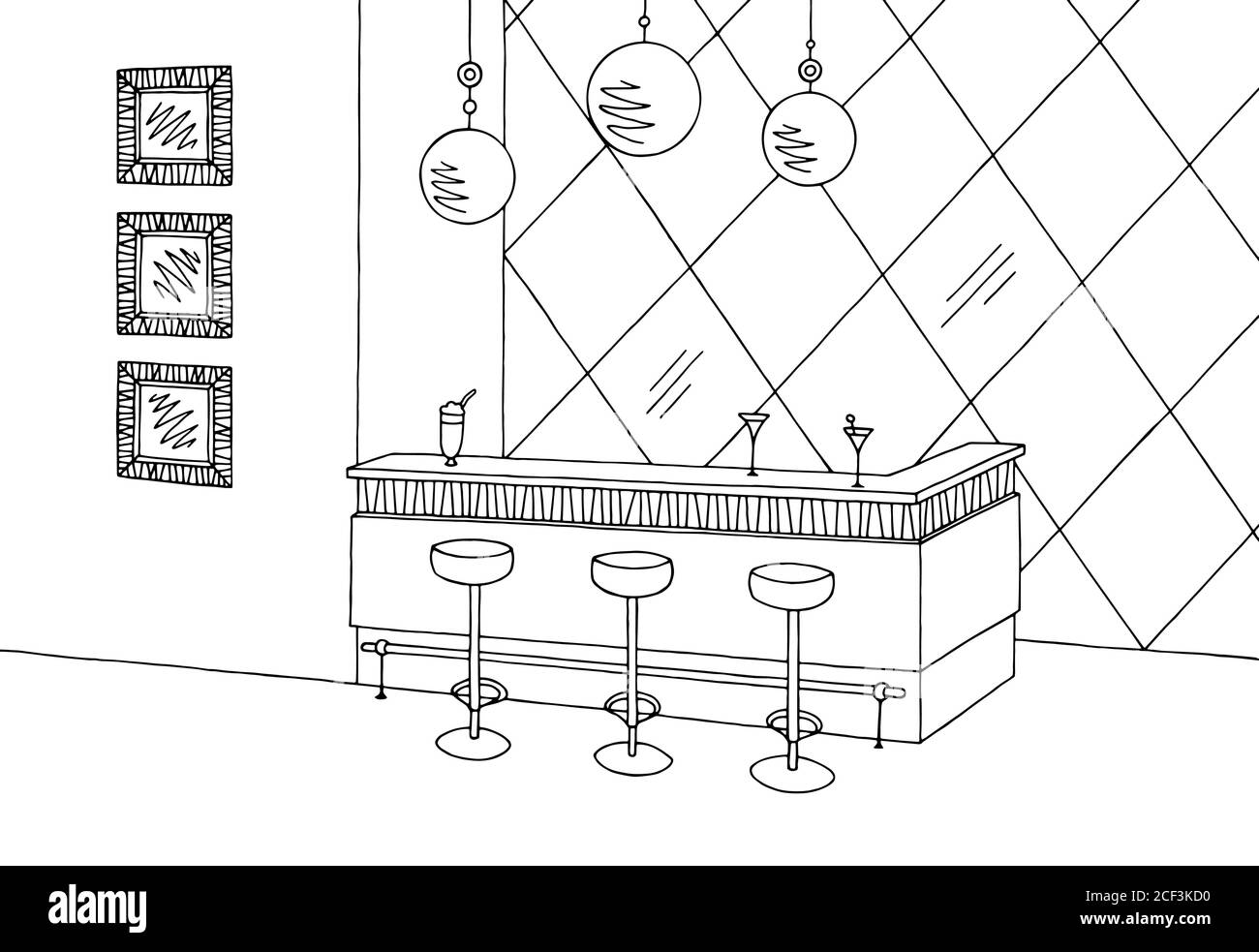 Café Bar Grafik schwarz weiß Innenraum Skizze Illustration Vektor Stock Vektor