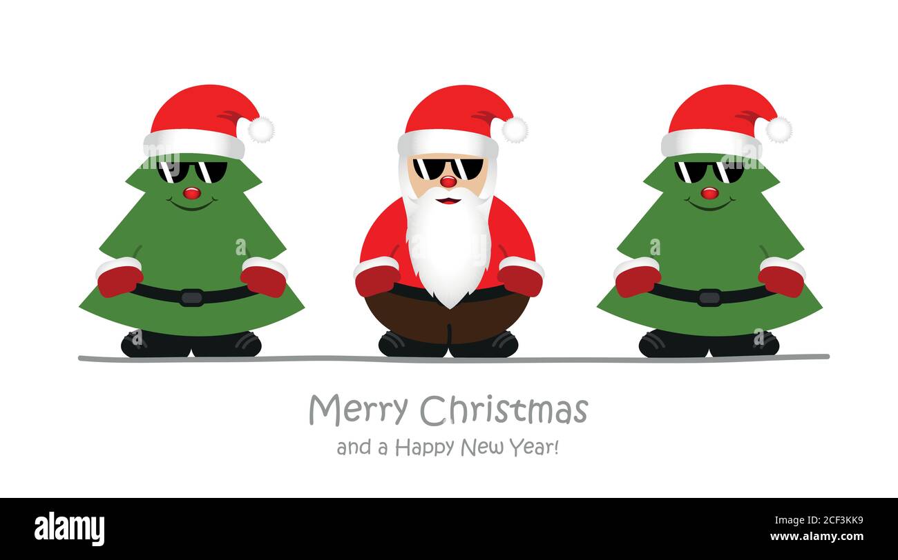 Niedlichen glücklichen weihnachtsmann mit weihnachtsbäumen und Sonnenbrillen Vektor Abbildung EPS10 Stock Vektor