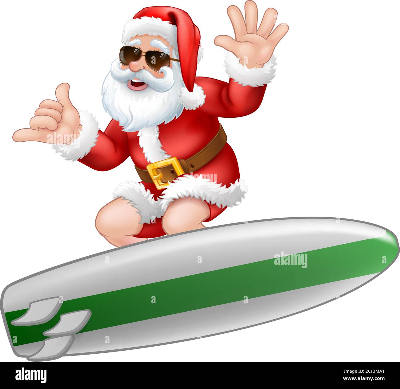 Santa in Sonnenbrillen Surfen Shaka Hand Cartoon Stock Vektor