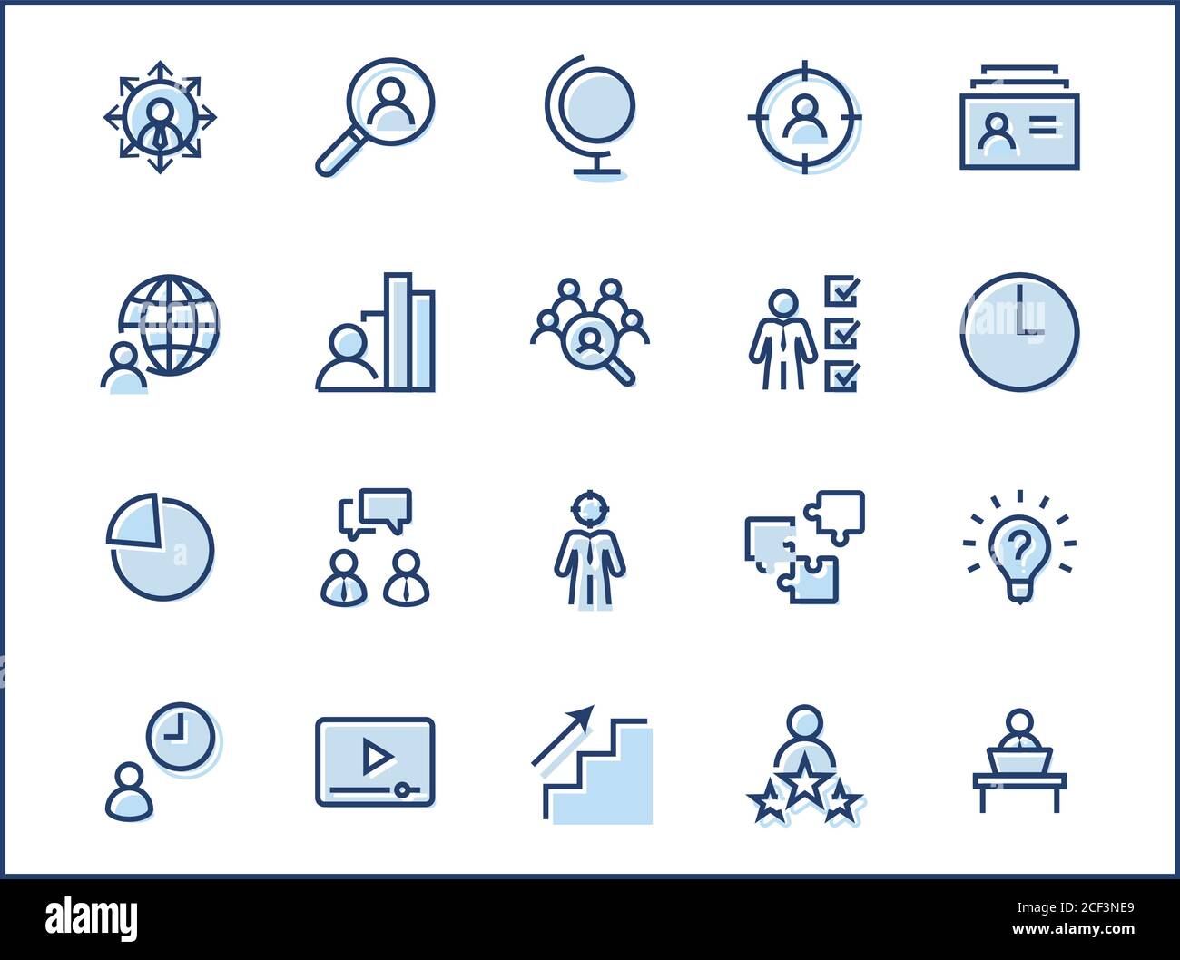 Set mit Symbolen Für die Vektorlinie für die Kopfjagd. Enthält Symbole wie Karrierewachstum, Glühbirne, Kandidat, Suche, CV, Kartenindex, Outsourcing und mehr. Bearbeiten Stock Vektor