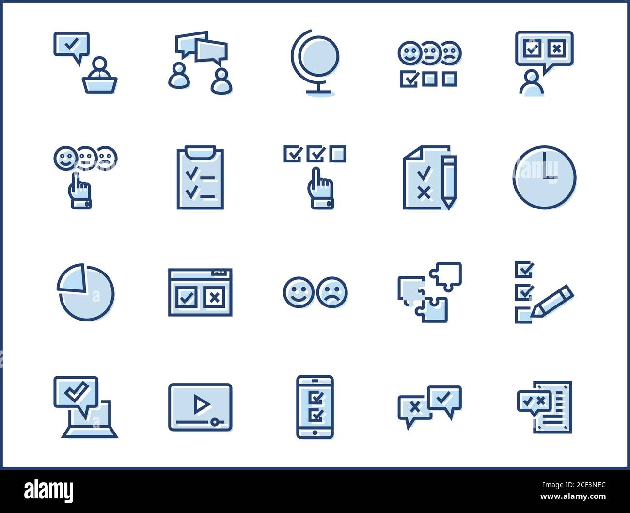 Satz der Symbole Für Die Vektor-Linie im Zusammenhang mit der Umfrage. Enthält Symbole wie Smile, Sad, Review, Click, Check, Customer Opinion, Web Survey und mehr. Bearbeitbarer Stro Stock Vektor