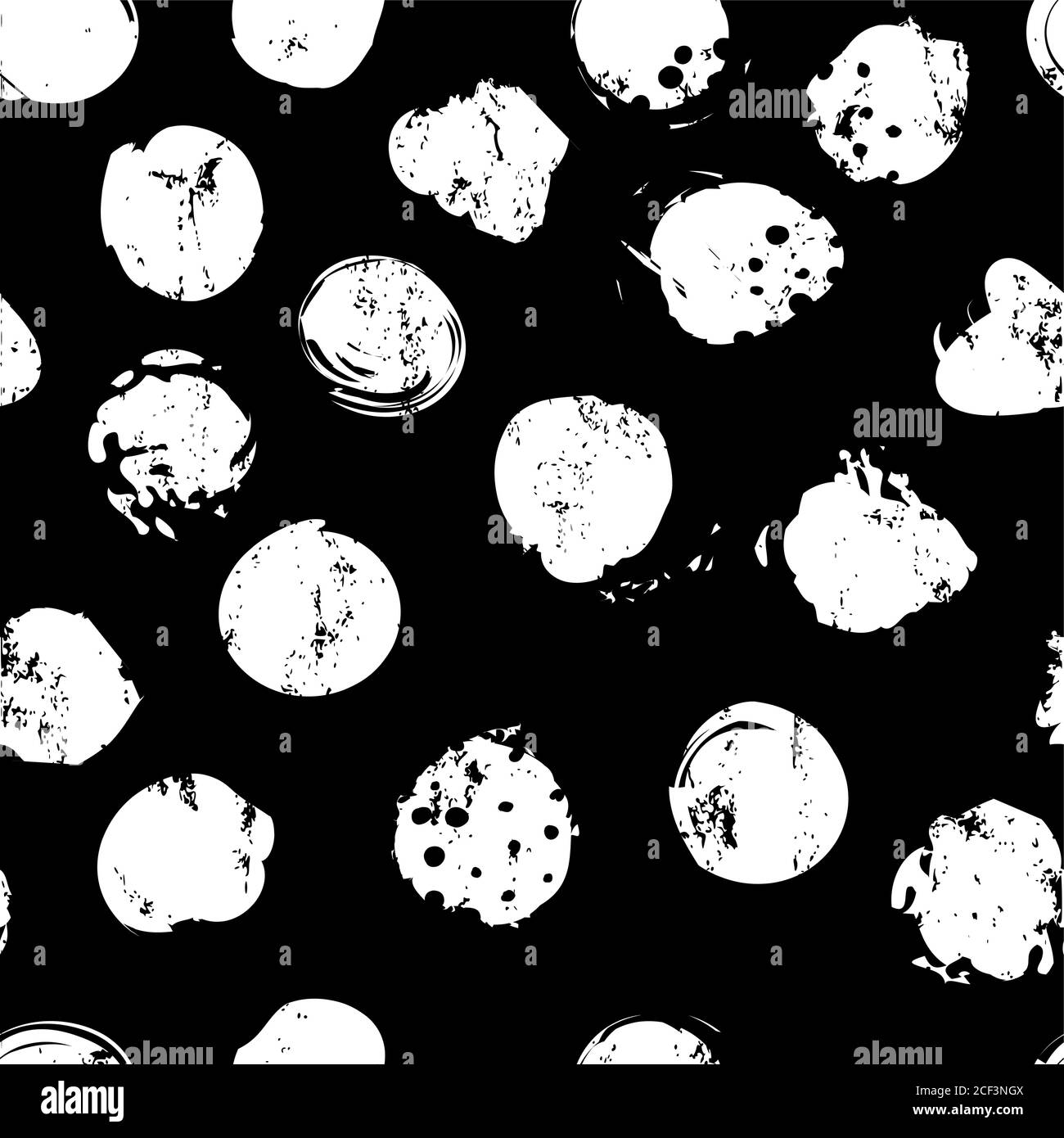 Nahtloses abstraktes Hintergrundmuster, mit Kreisen/Punkten, Konturen und Spritzern, schwarz und weiß Stock Vektor